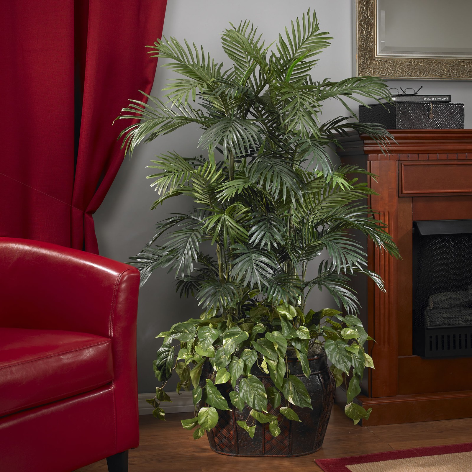 Nearly Natural 4.5ft Double Areca with Vase & Pothos Silk Plant in Green