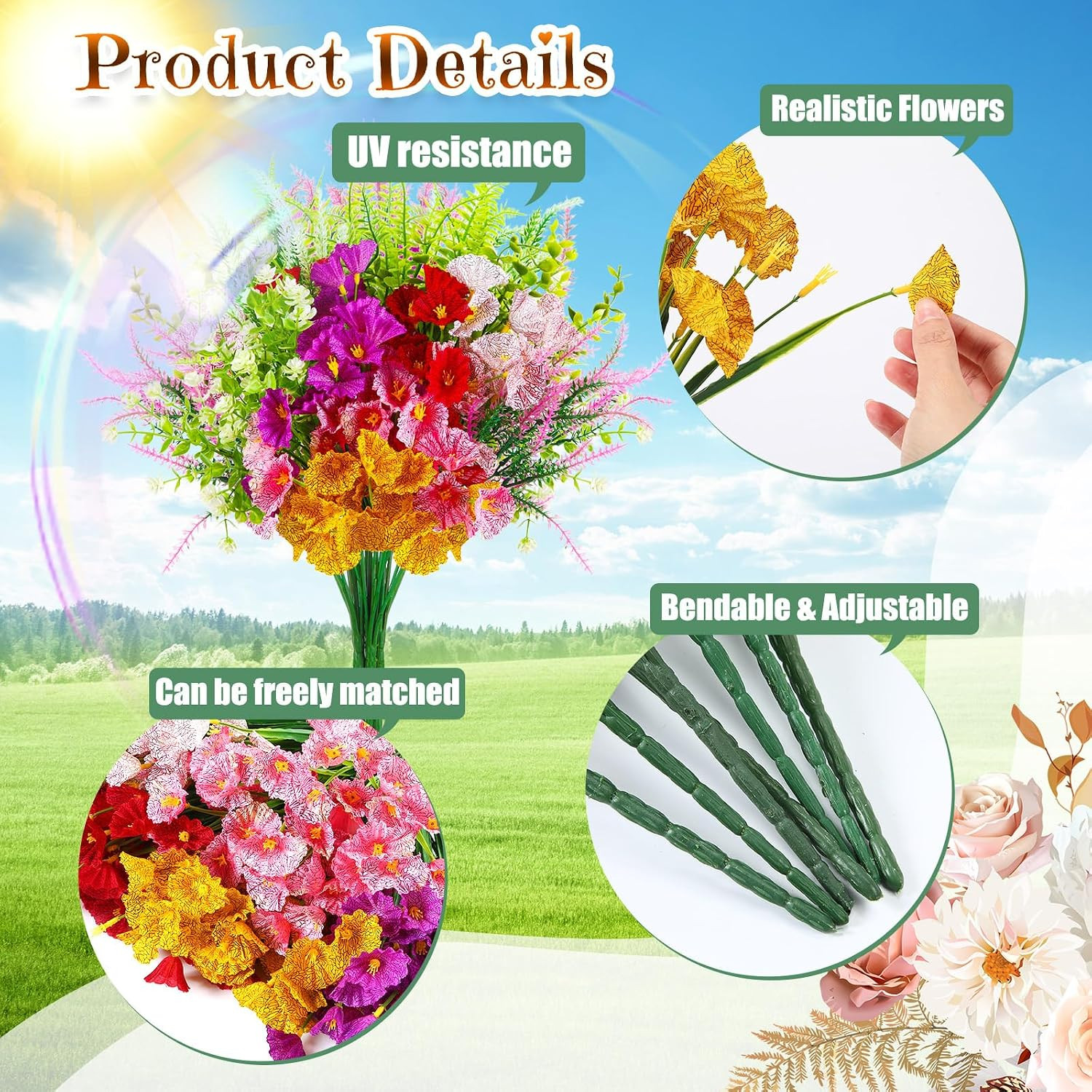 40 Bundles Artificial Flowers for Outdoor No Fade Faux Artificial Plants Shrubs