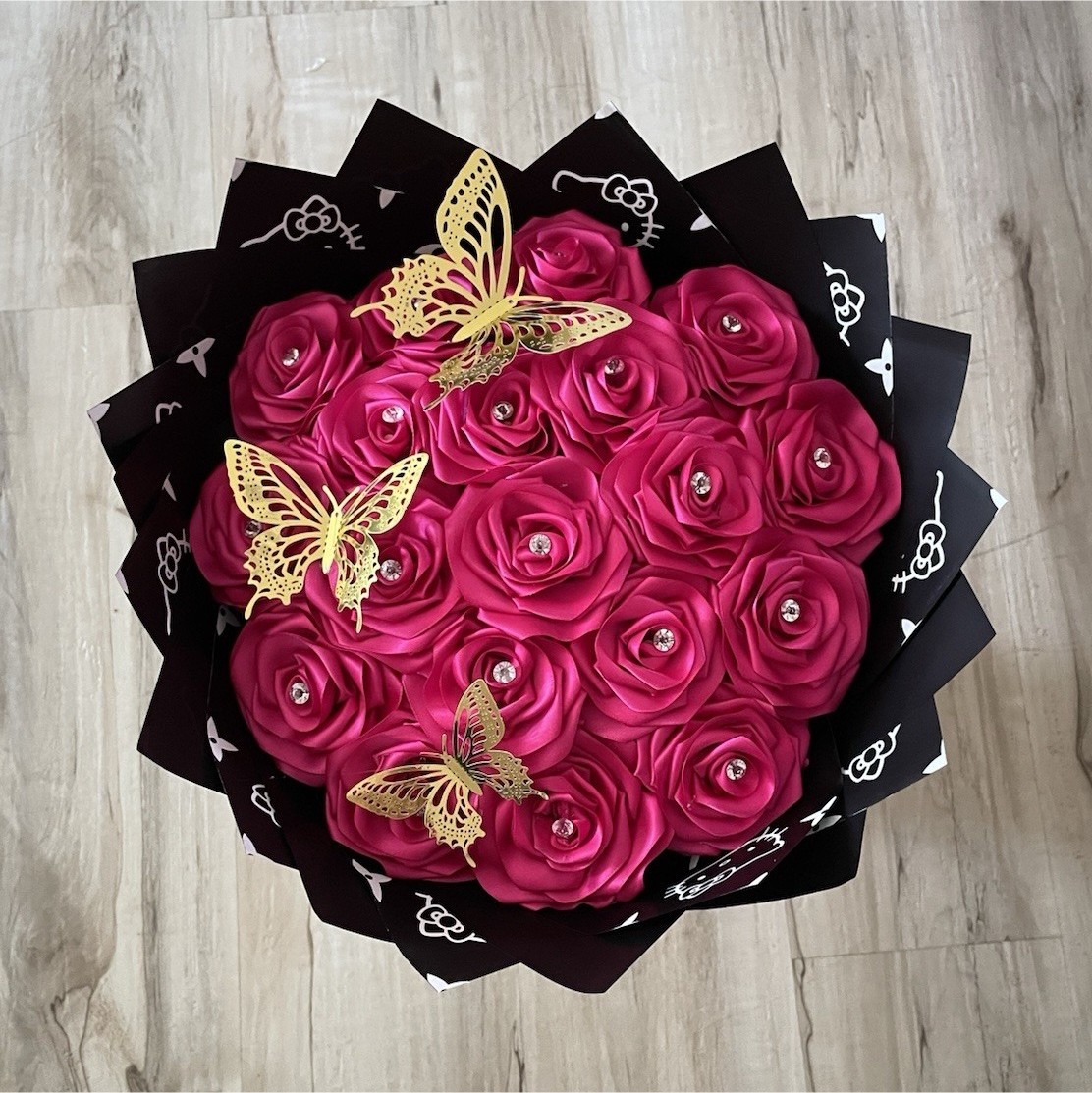 Artificial Pink Rose Bouquet Arrangement with Gold Butterflies, Black Wrap