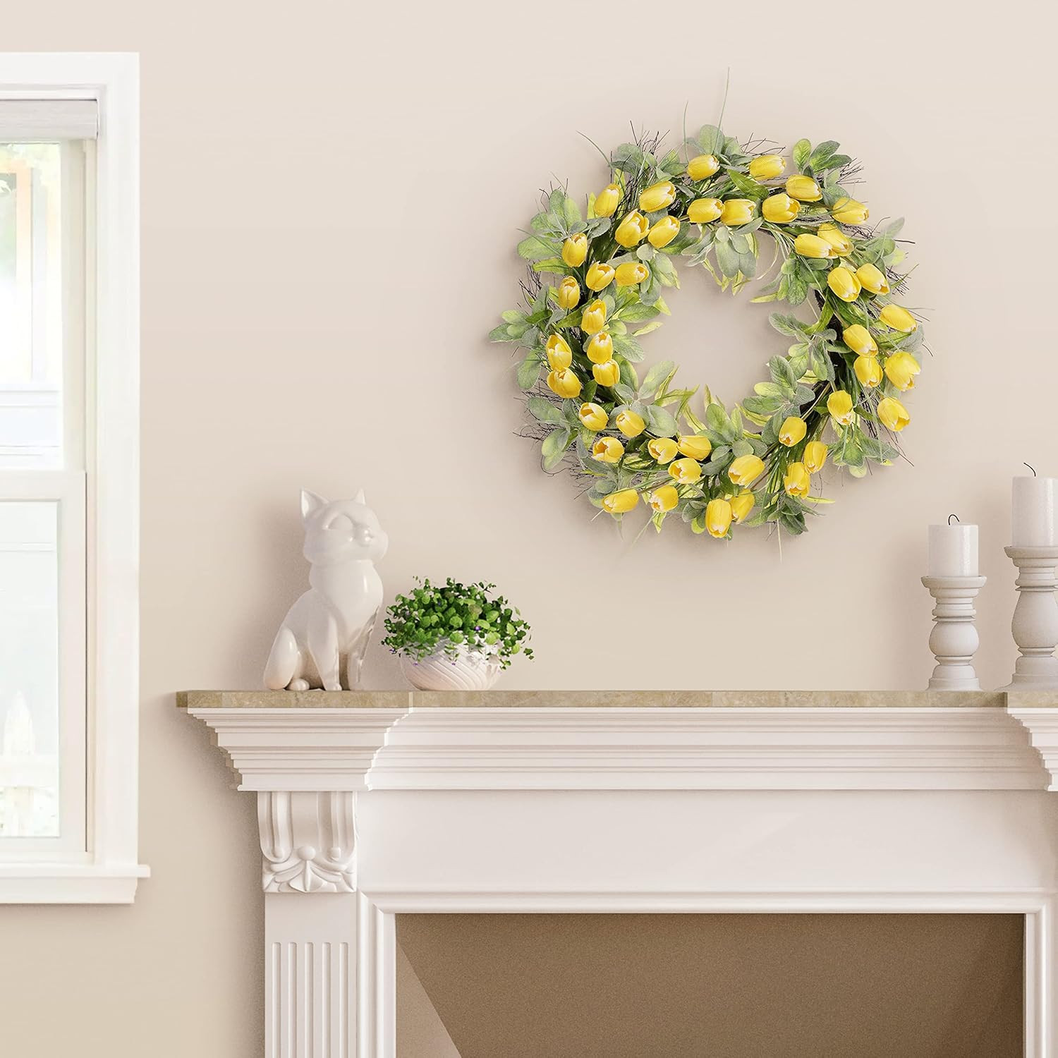 30″ Spring Tulip Wreath with Green Leaves – Beautiful Floral Decor