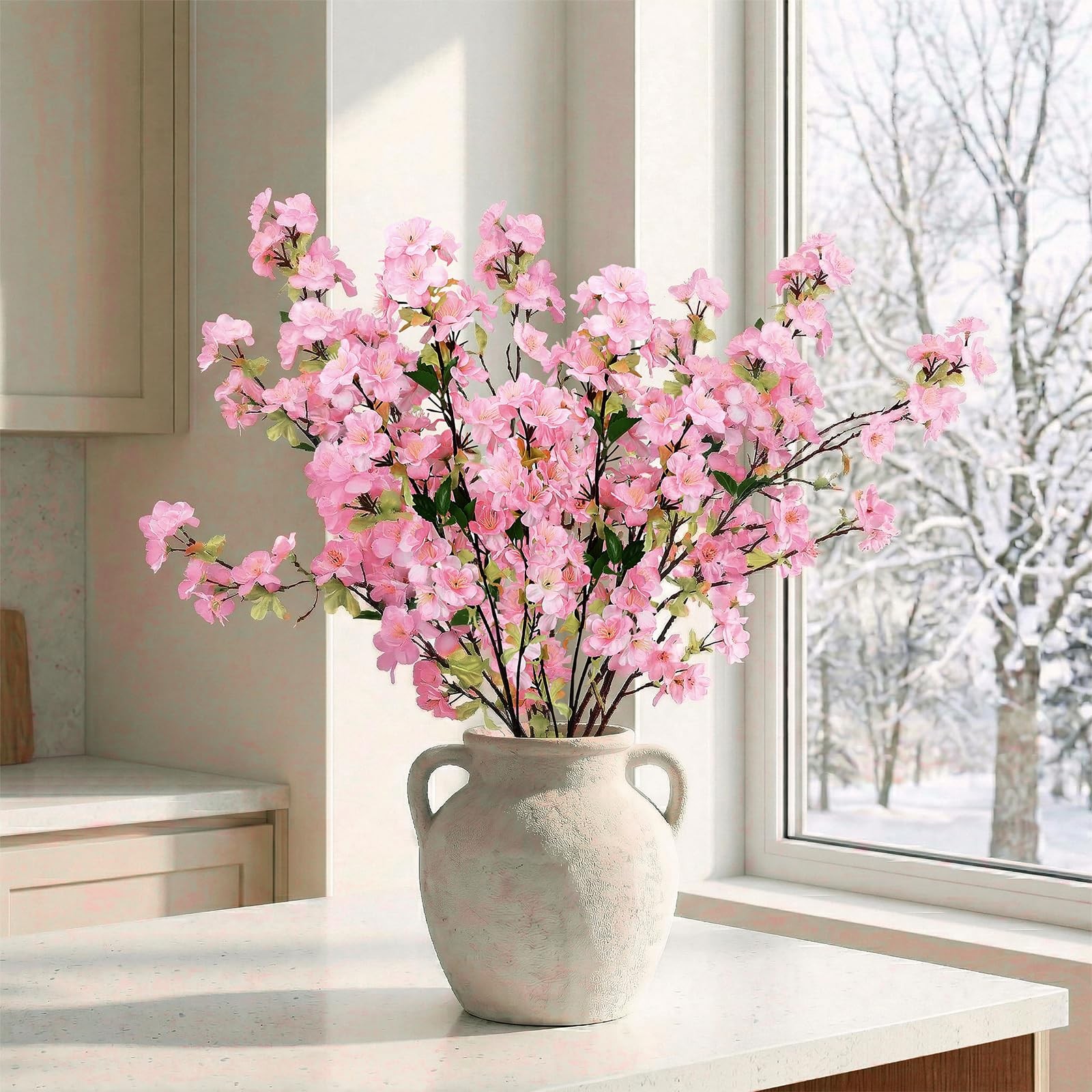 6Pcs Pink Artificial Cherry Blossom Branches for Home Decor 27’’ Faux Silk Lo…