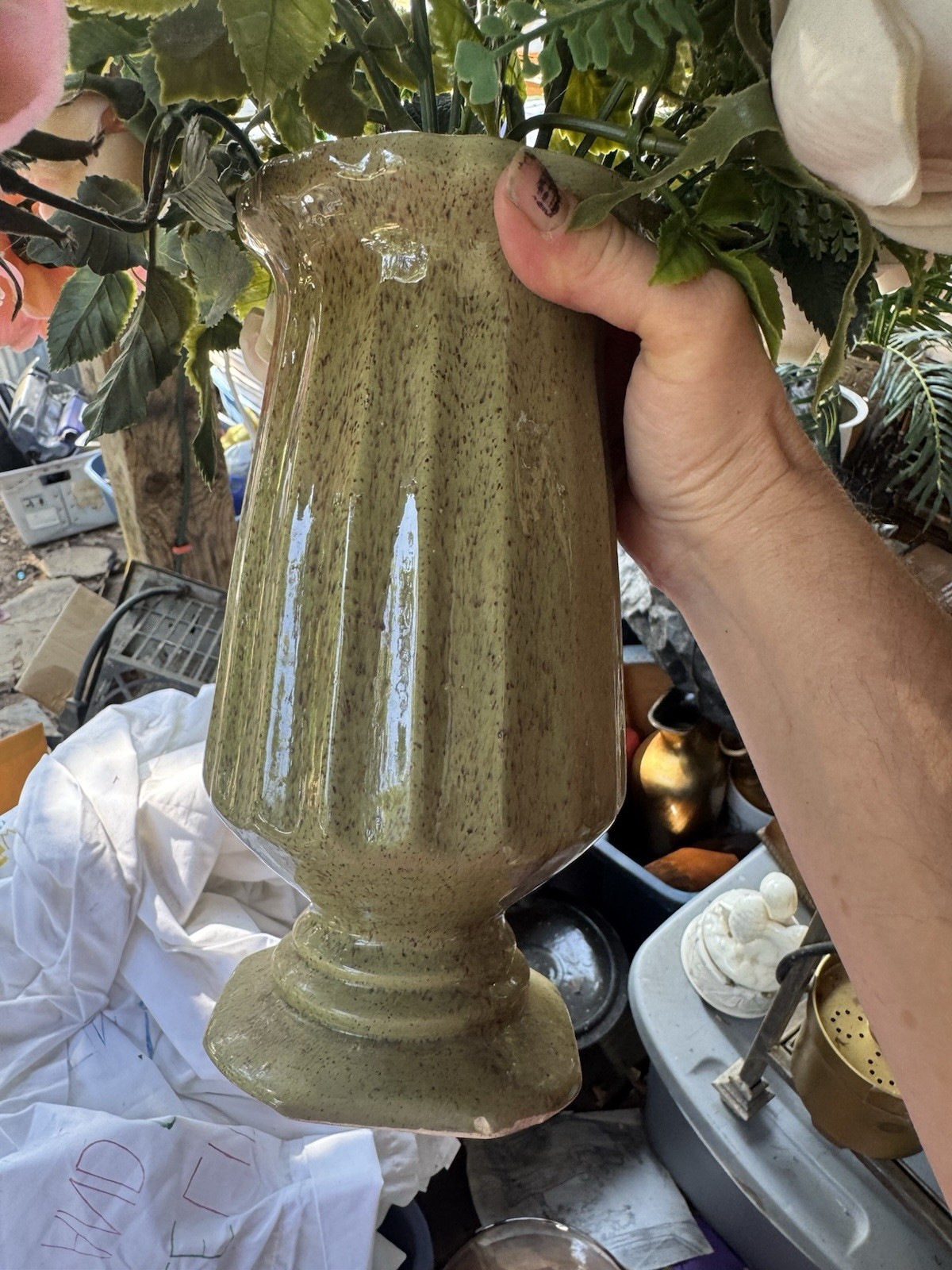 Faux Rose Flower Arrangement In Pottery Vase