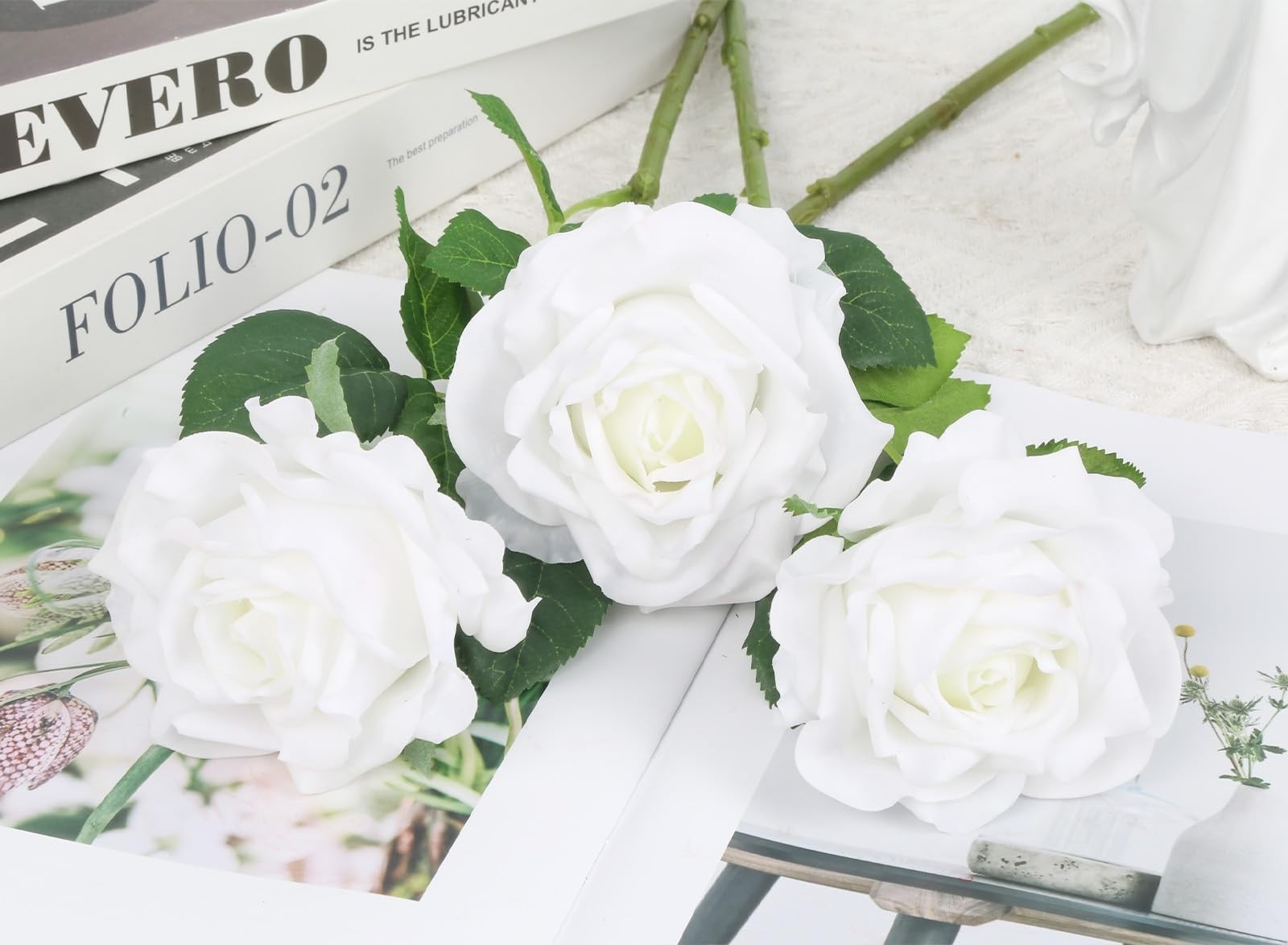 5PCS Real Touch Roses White Artificial Flowers, 16.93″ Long Stems Lifelike Fa…