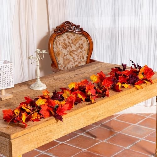 7FT Artificial Fall Garland – Maple Leaves, Pumpkins & Berries for Thanksgiving