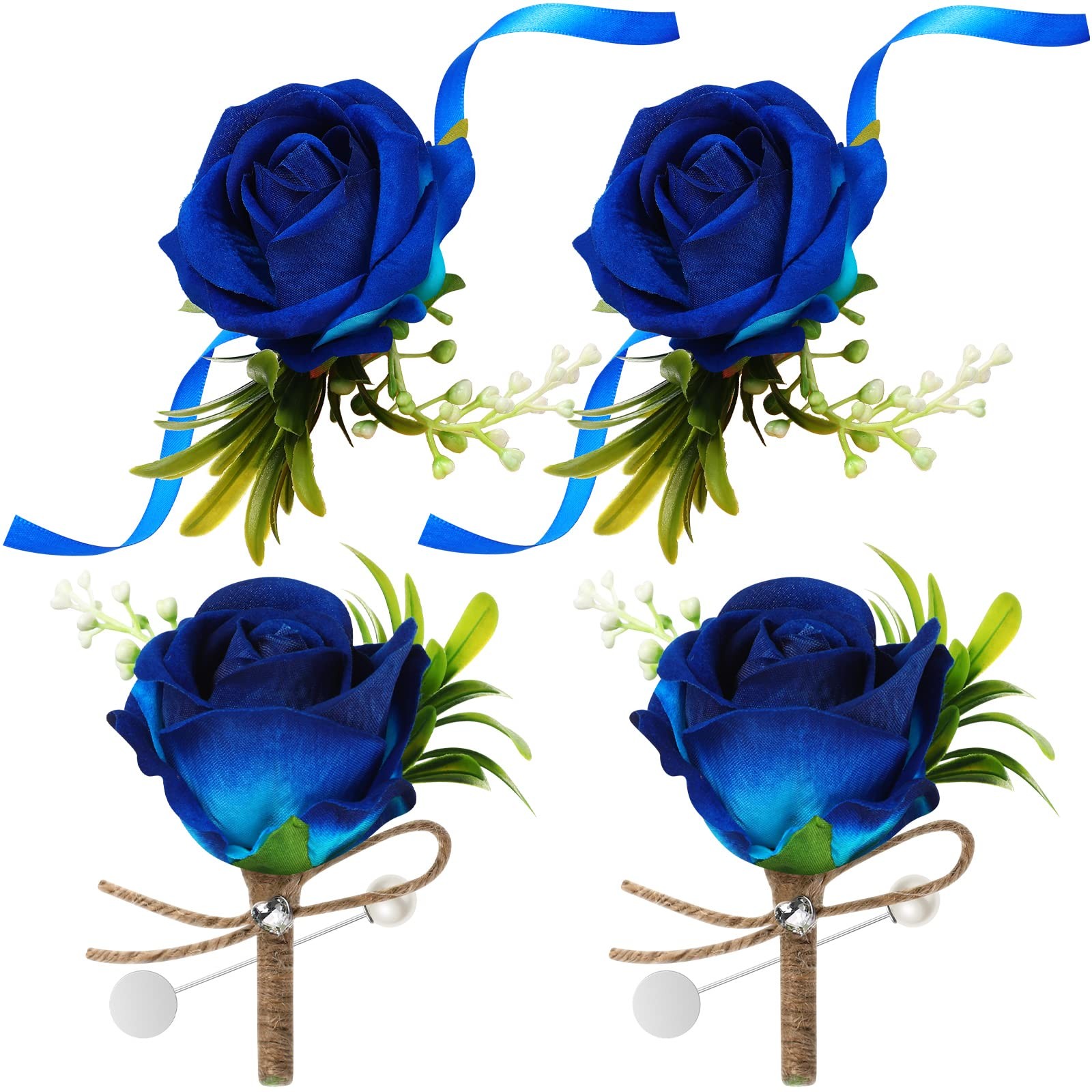 4 PCS Wedding Party Corsage Boutonniere Set Blue Rose Wrist Band Groom Men Decor
