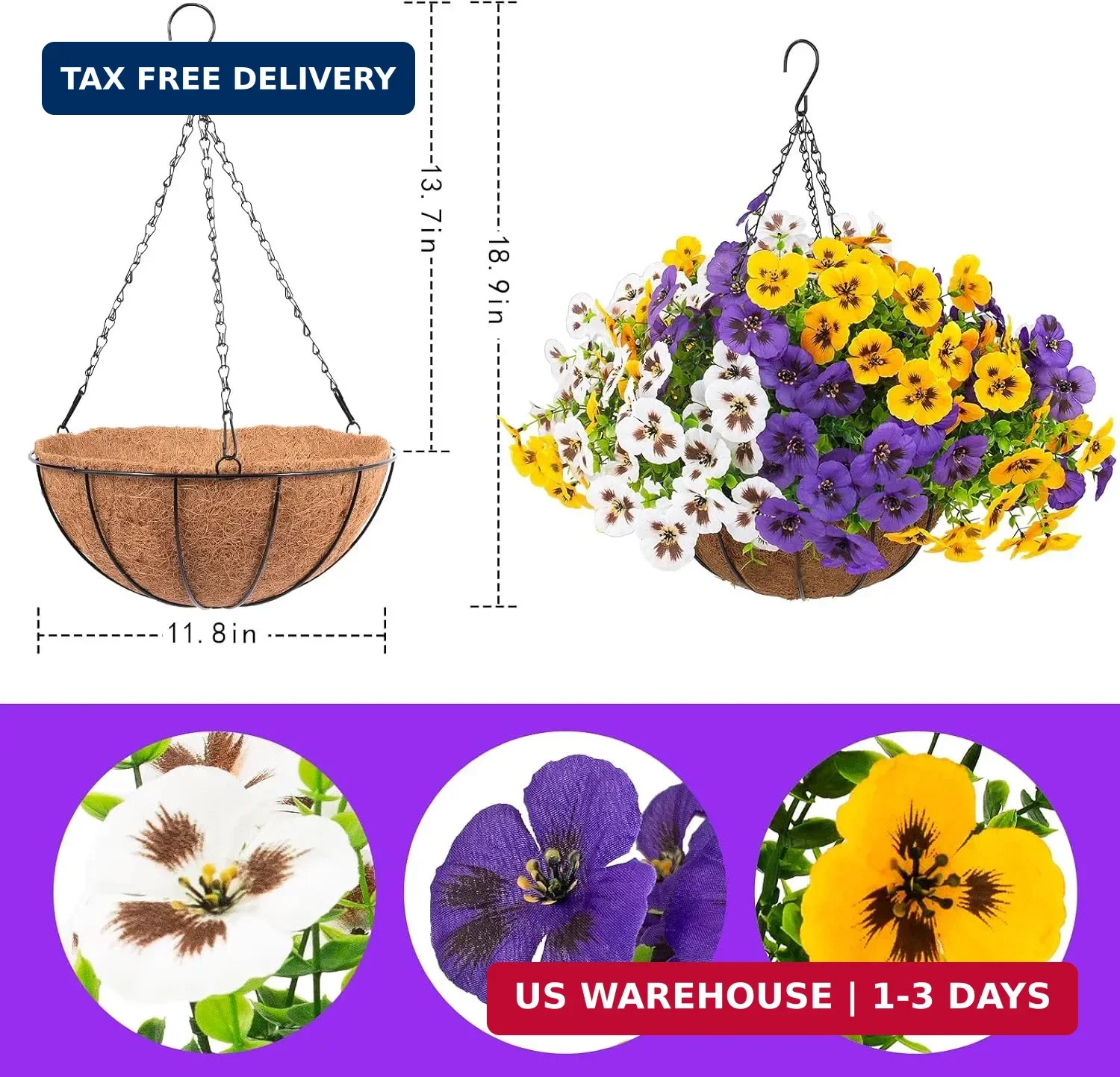 2 Sets Artificial Hanging Pansy Flowers with Baskets, 24 Pcs UV Resista