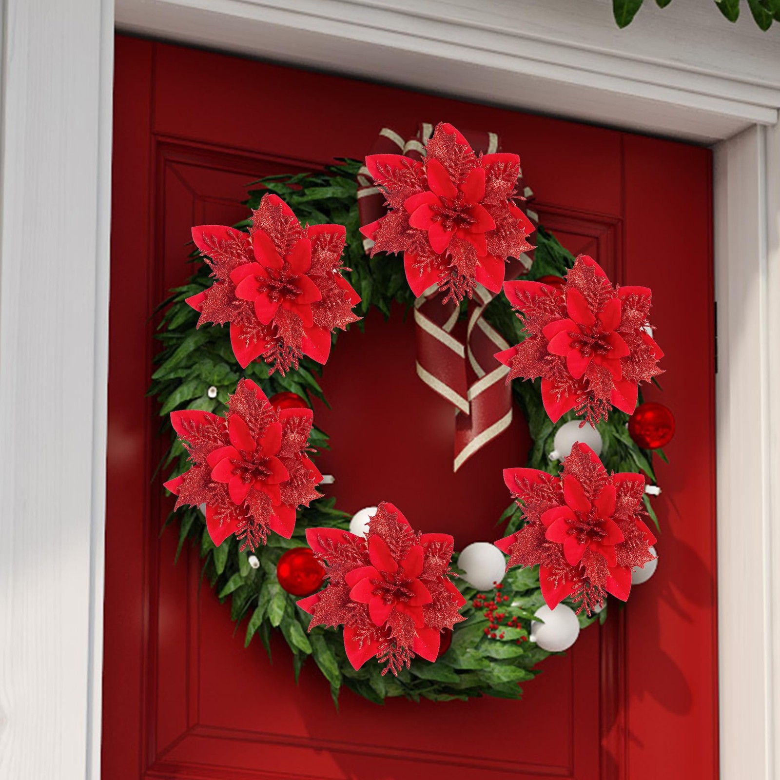24 PCS Bright Red Christmas Glitter Poinsettia Flowers Tree Ornaments Clips