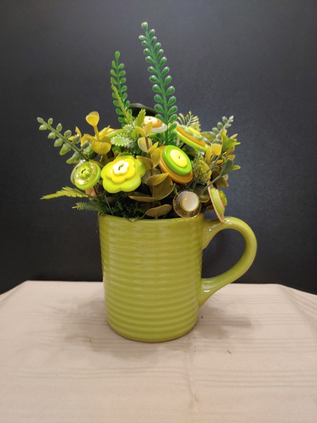 Green Yellow Button Flower Bouquet In Lime Green Coffee Mug Vintage