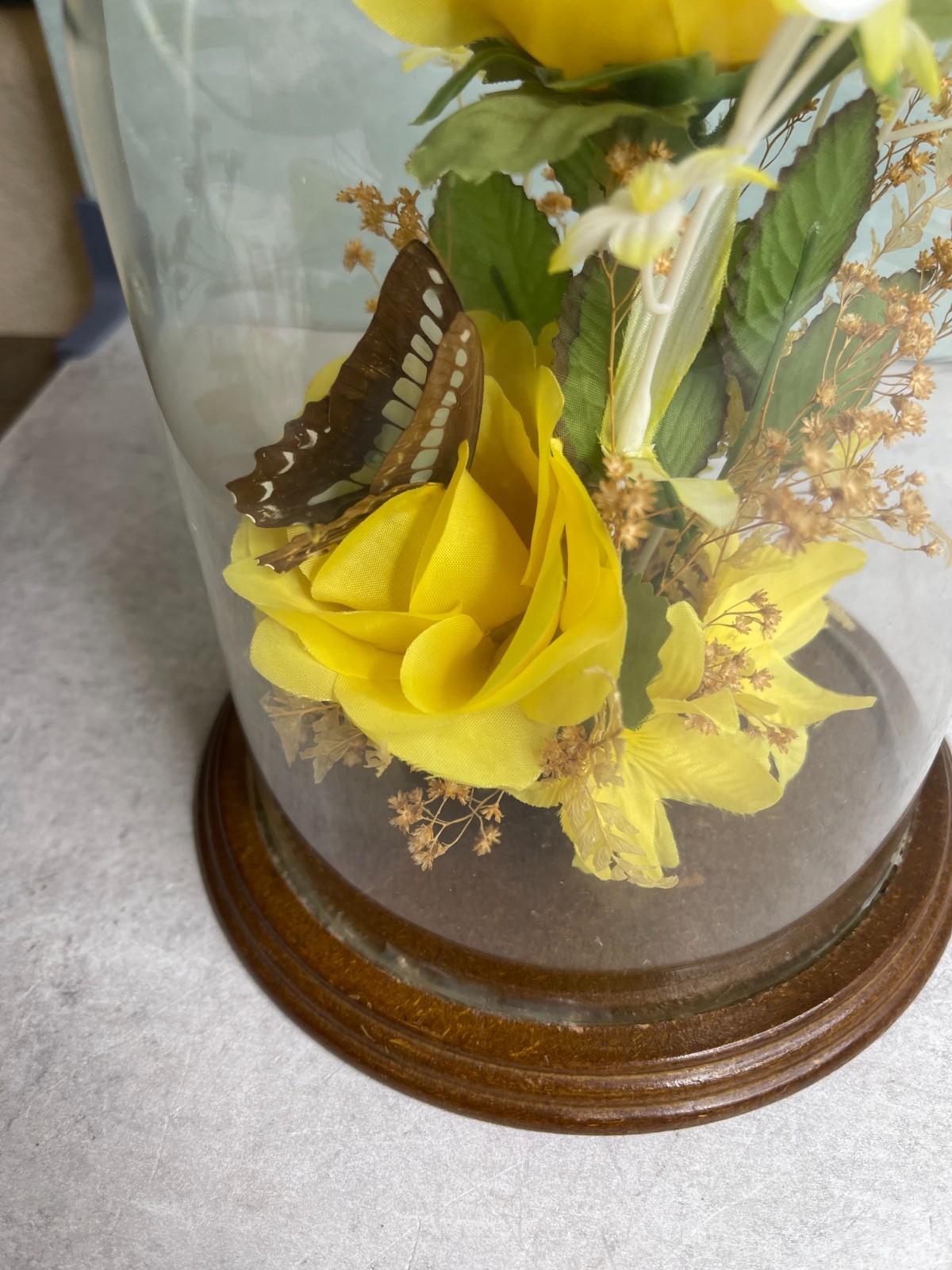 Vintage Butterfly Cloche Dome silk flowers yellow Wood Frame 9″
