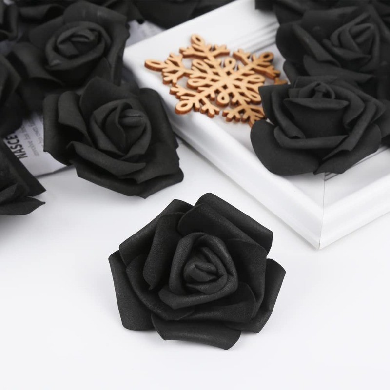 100Pcs Black Artificial PE Rose Flower Heads Foam Roses for Wedding Craft Decor