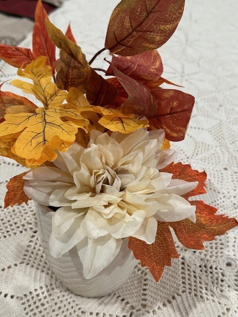 Perfect Harvest Floral Arrangement Fall Colors approx. Orange & white 8-11″ tall