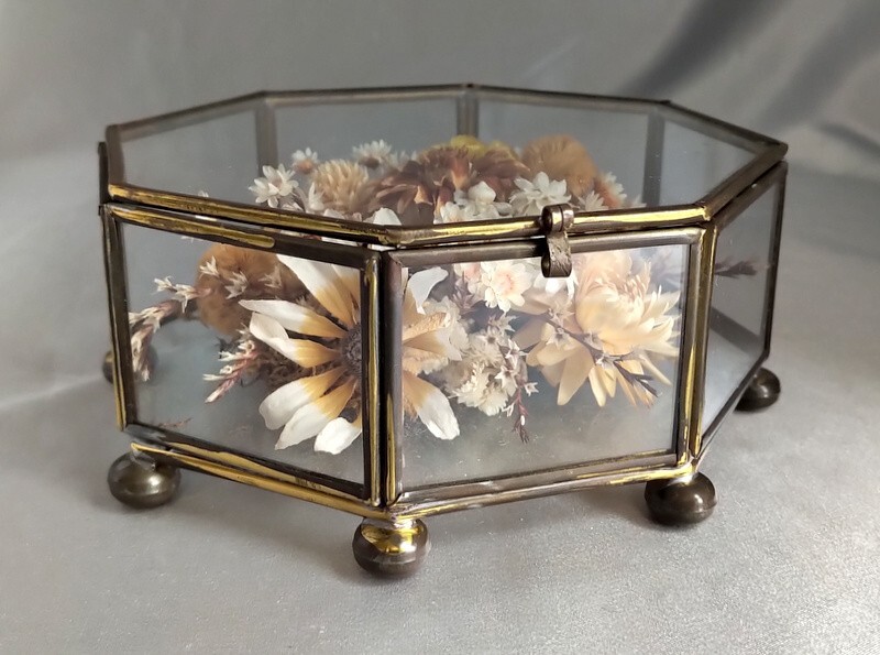 Lot (2) Vintage Octagon/Rectangle Glass Boxes w/ Dried Fall Floral Arrangements