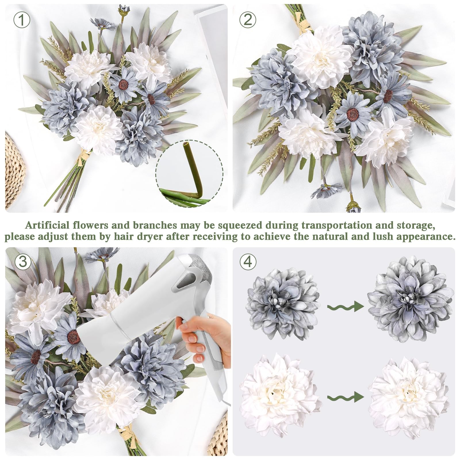 Artificial Flowers Bouquet Silk Blue Flowers Fake Floral Arrangements Faux Bl…