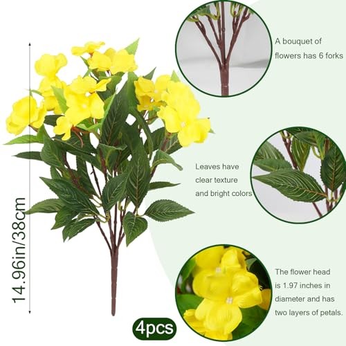4 Pcs Artificial Impatiens Flowers for Outdoors Silk Impatiens Flowers Yellow