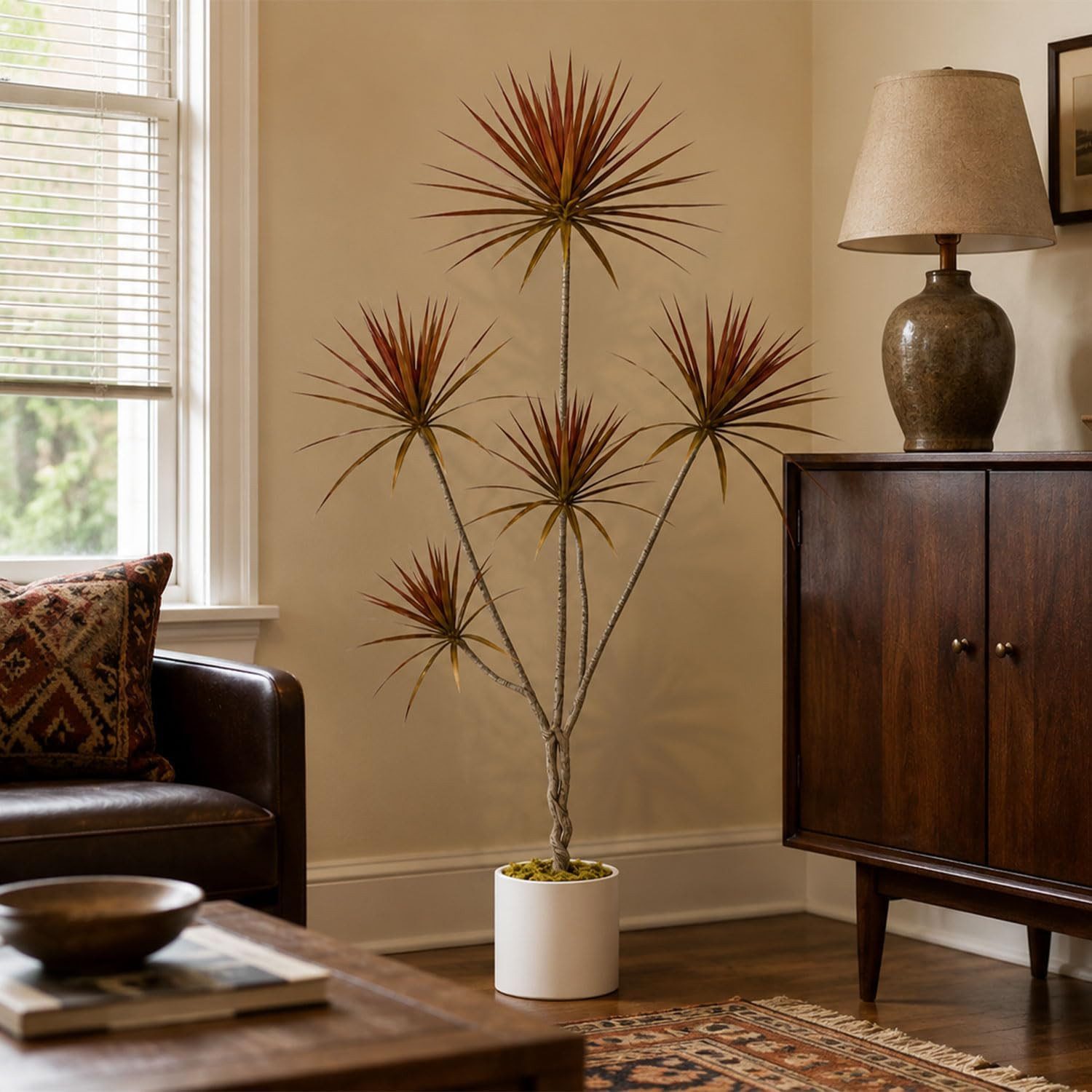 Artificial Dracaena marginata Tree, 6ft Tall Tropical Faux Tree | Rust Red Folia