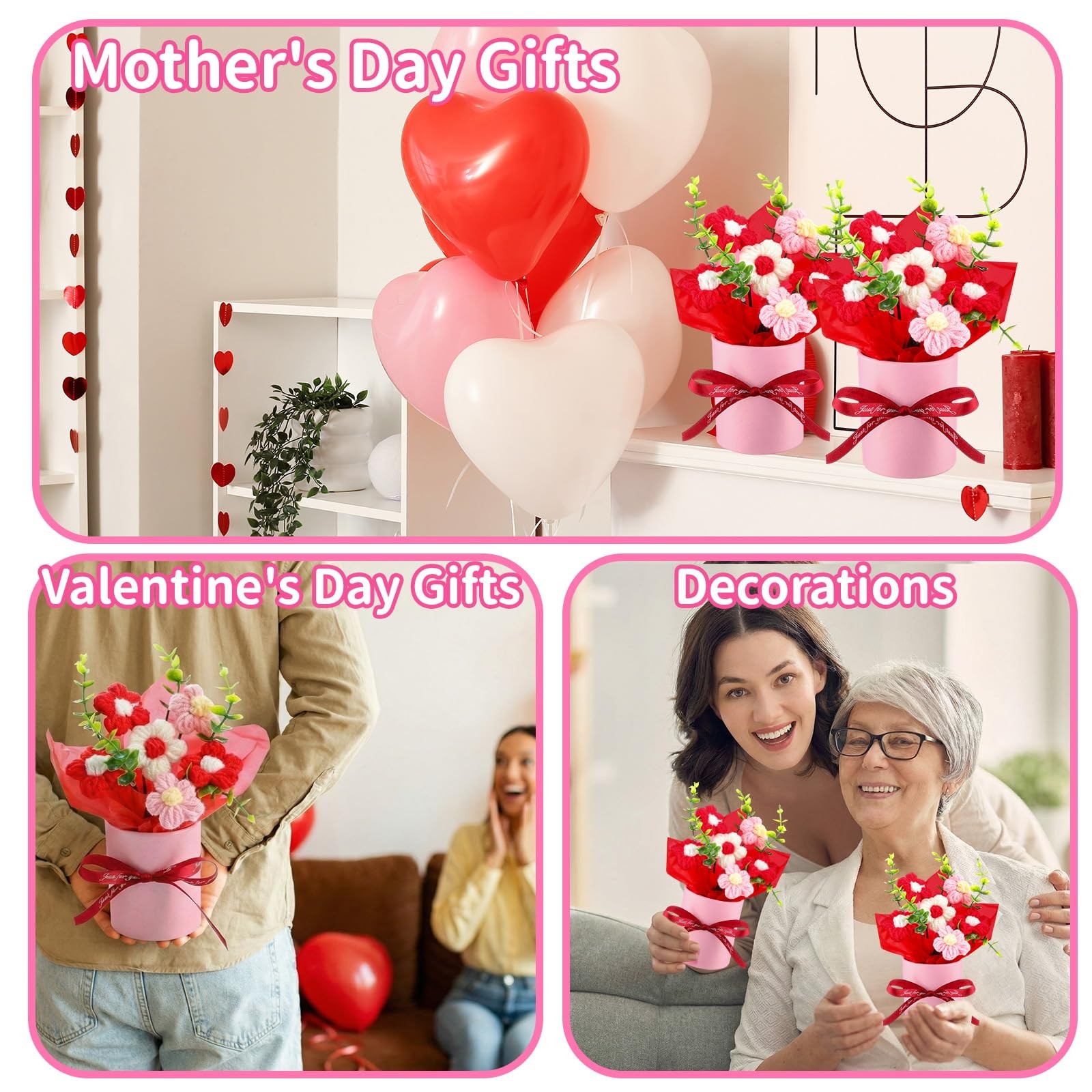 6 PCS 4.7×5.9 Inch Red Crochet Puff Flowers Potted Plant Knitted Bouquet Desk