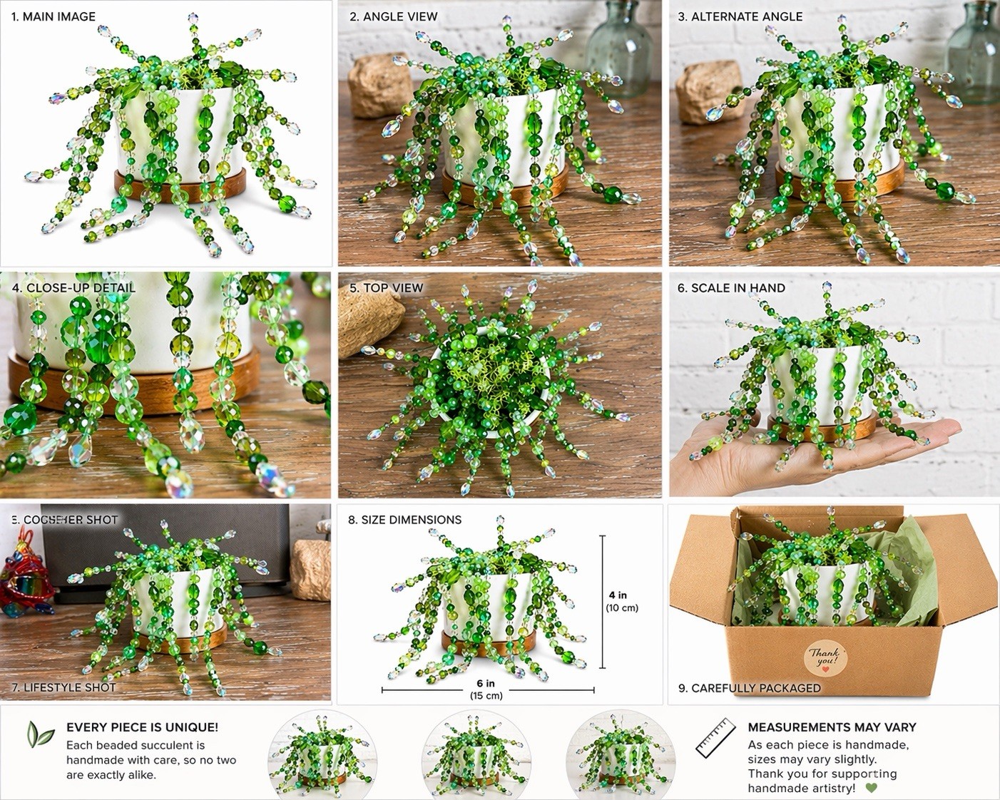 Handmade Beaded Succulent Decor – Sparkling Green Plant in Ceramic Pot