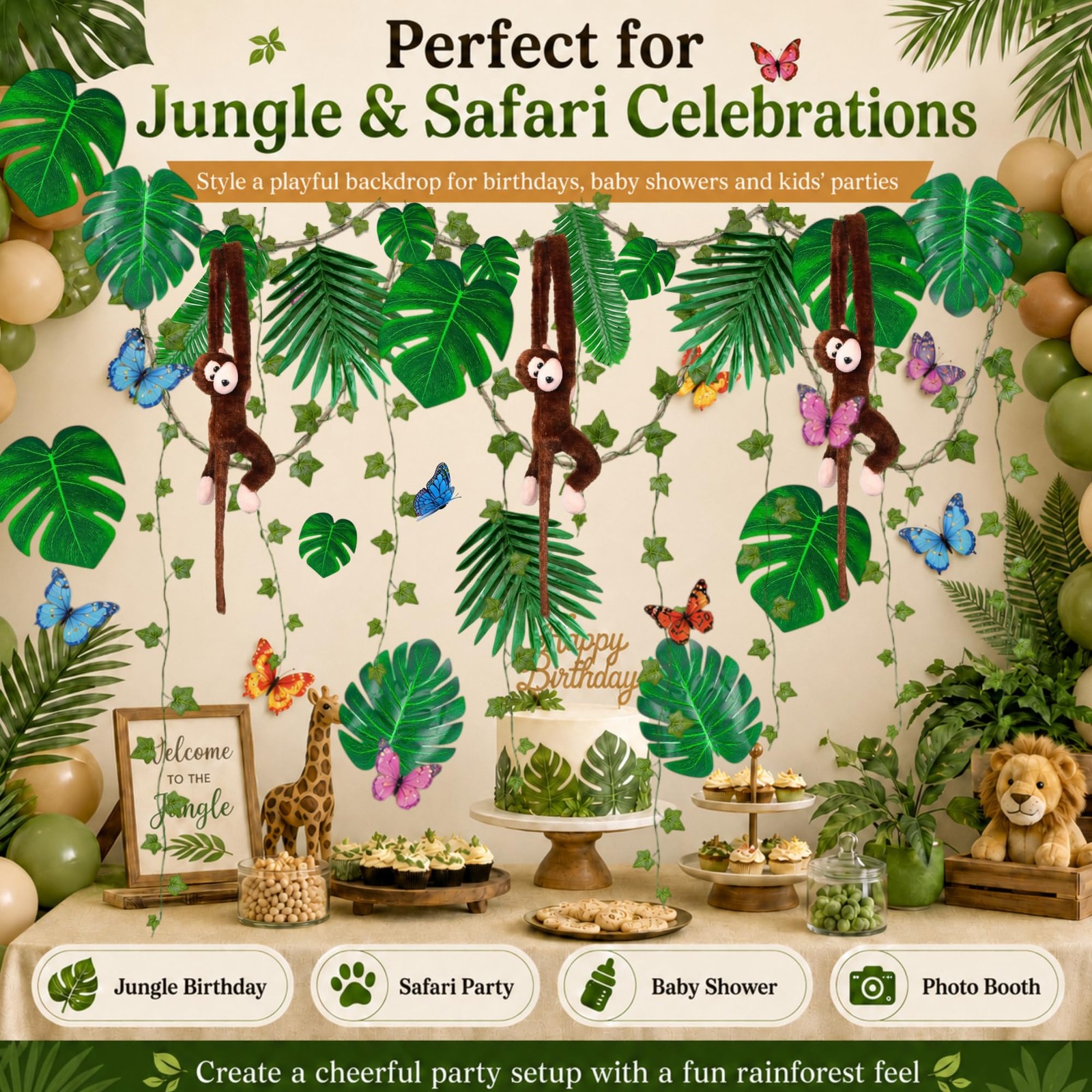 105PCS Jungle Party Decorations Kit with Hanging Monkeys, Artificial Ivy Garl…