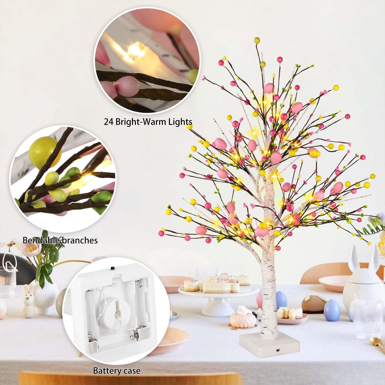 Easter Decorations, 2 Pcs Pre-lit 24 Inch Easter Egg Tree with 24 LED Lights, Ba