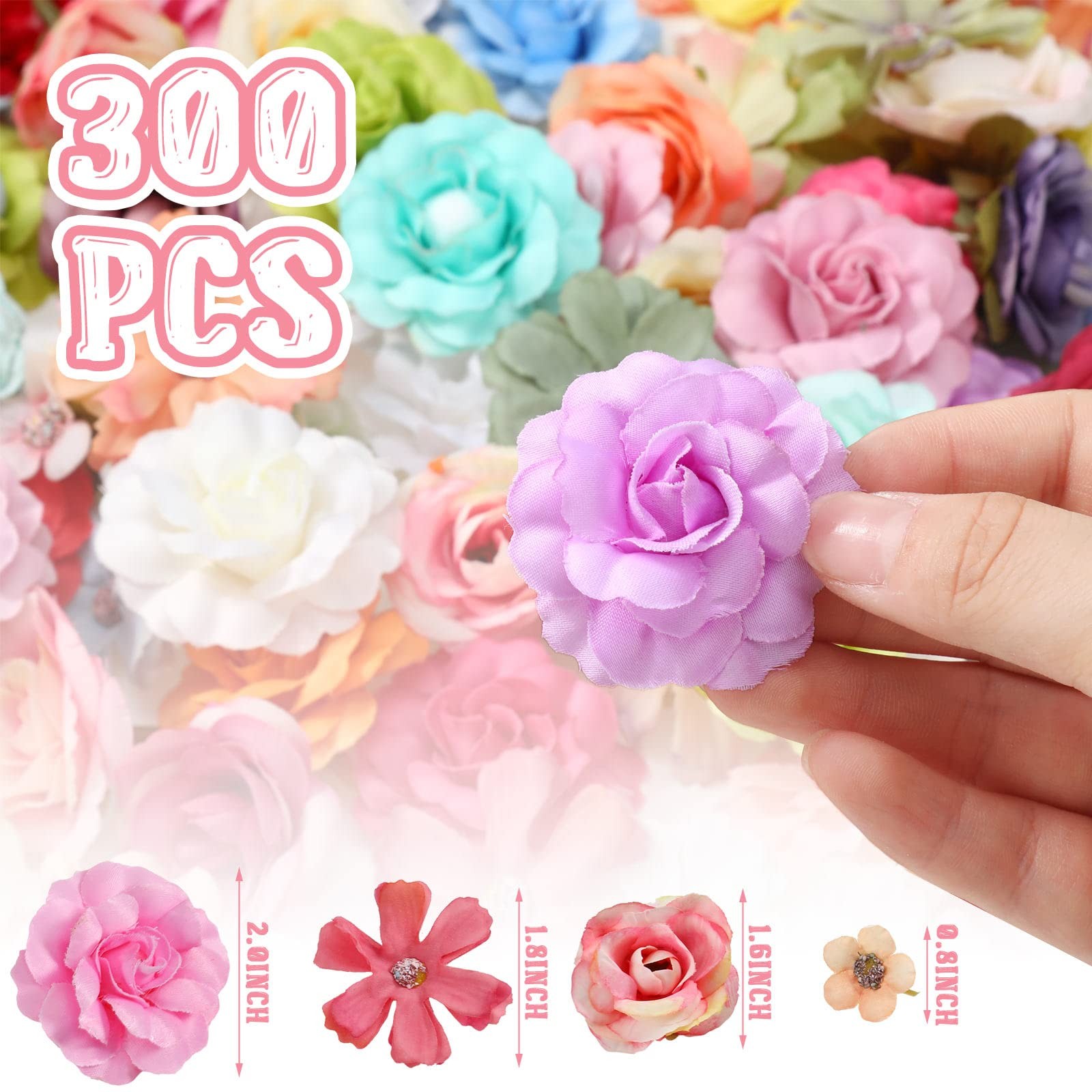 300 PCS Spring Assorted Small Fake Flower Heads Silk Daisy Rose Plum Craft
