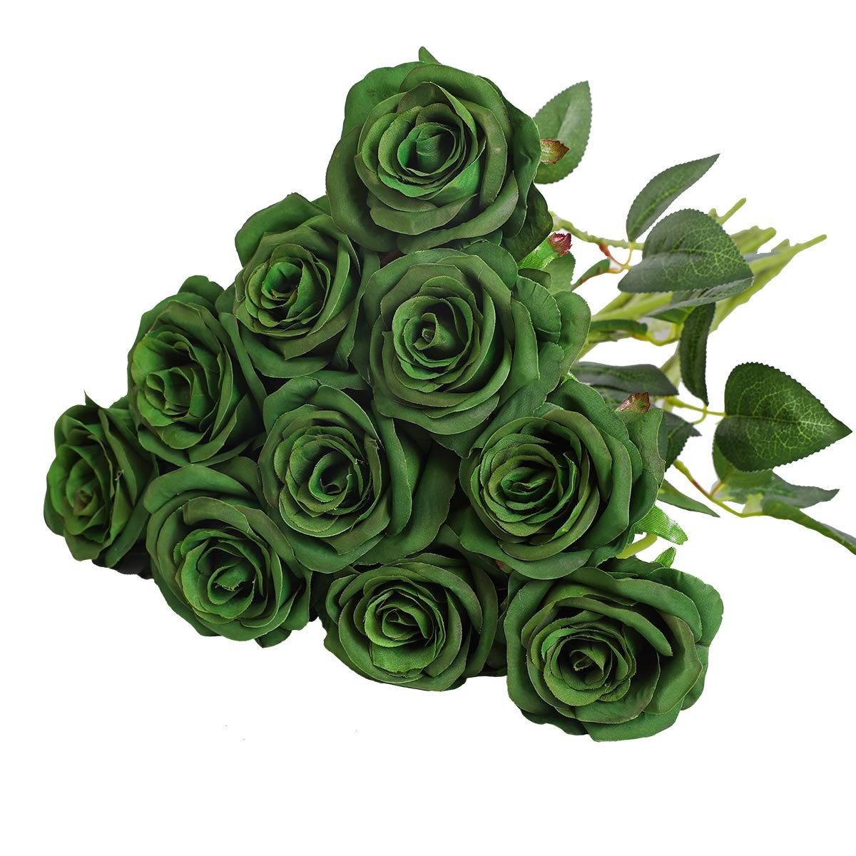 10 PCS Artificial Silk Rose Flower Bouquet Lifelike Fake Dark Green Decor