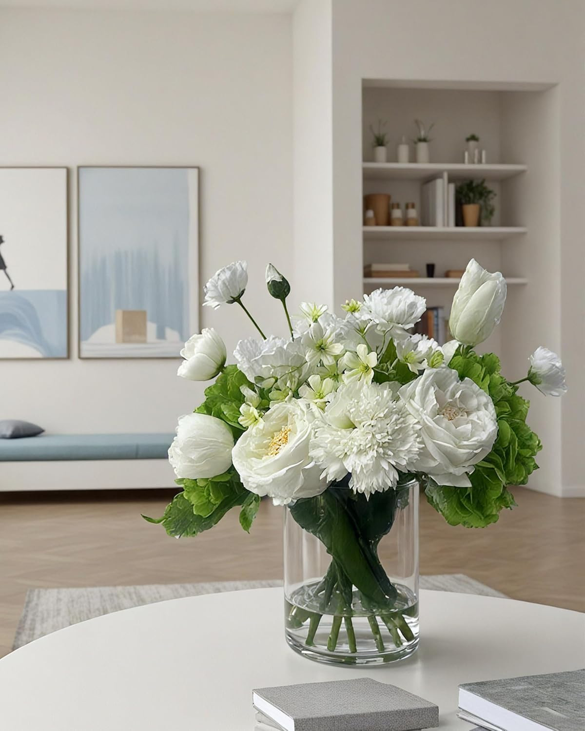 Lifelike Flower Arrangement in Glass Vase – No Water Needed, Perfect Gift!