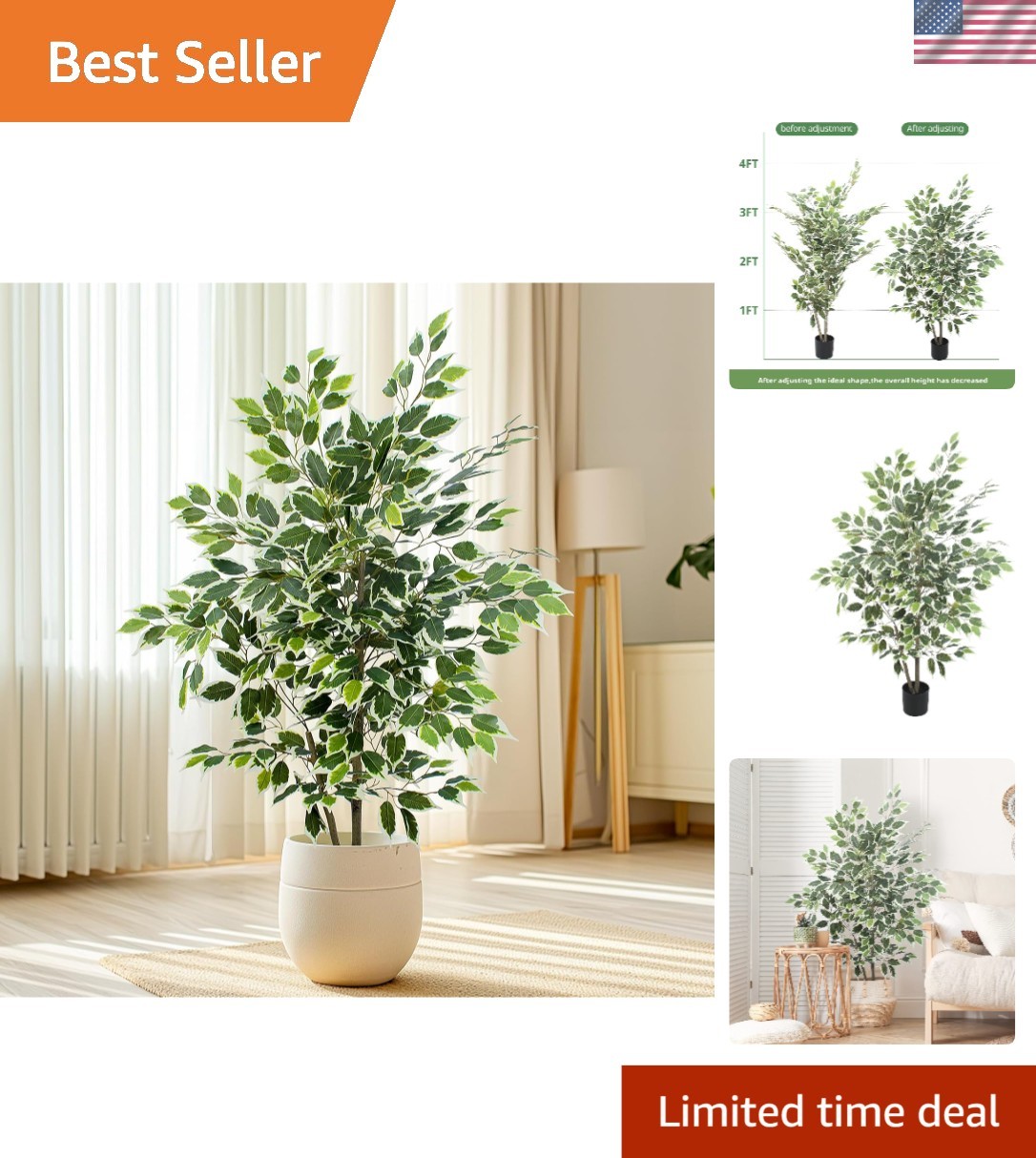 Vibrant Green 4 FT Artificial Ficus Plant in Pot – All-Season Decorative Piece