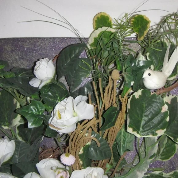 Handmade White Silk Flower Decoration on Purple Wood Wall Art Wedding Ivy 14×17