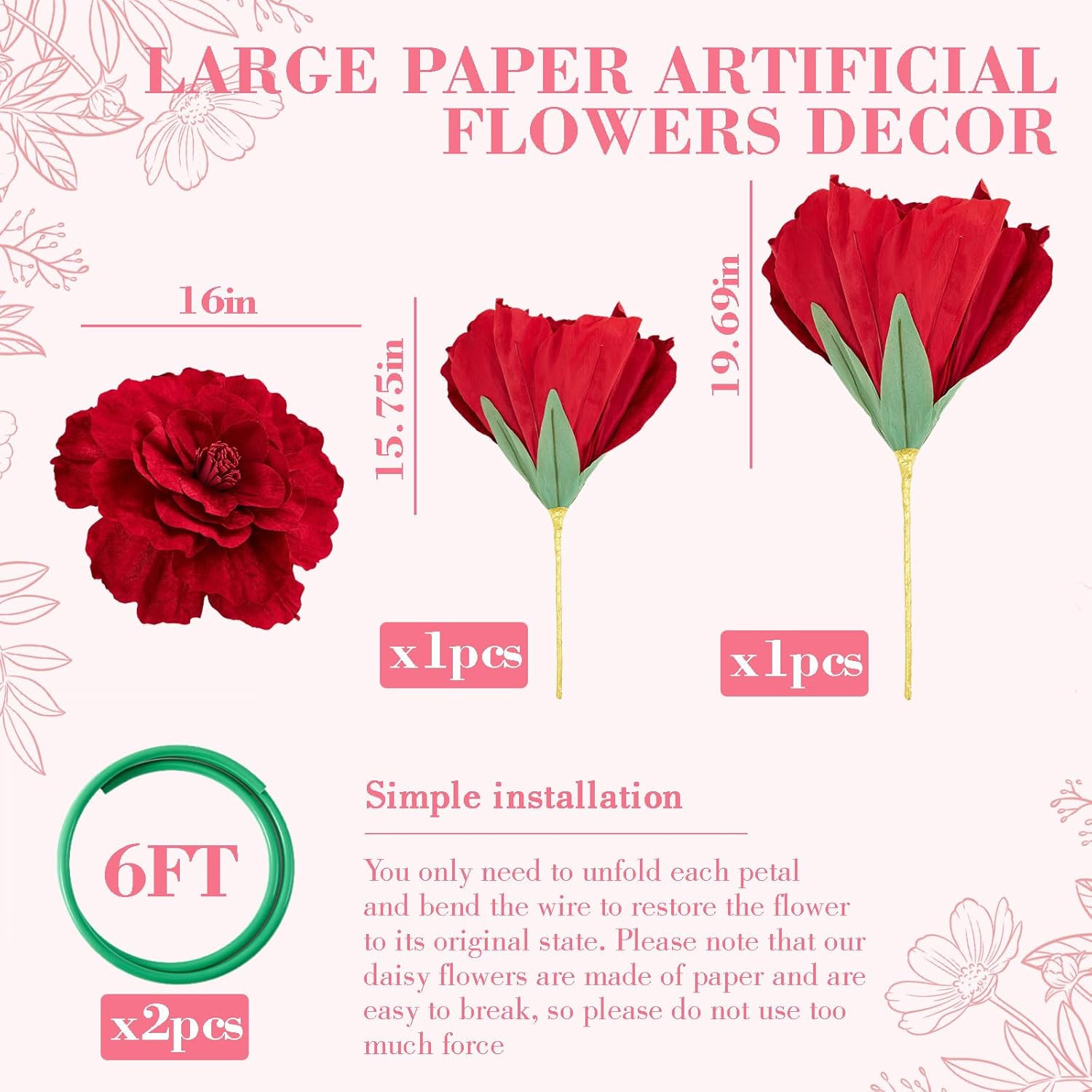 Giant 5Ft Red Peony Flowers – 2 Pcs Handcrafted Floral Decor for Events