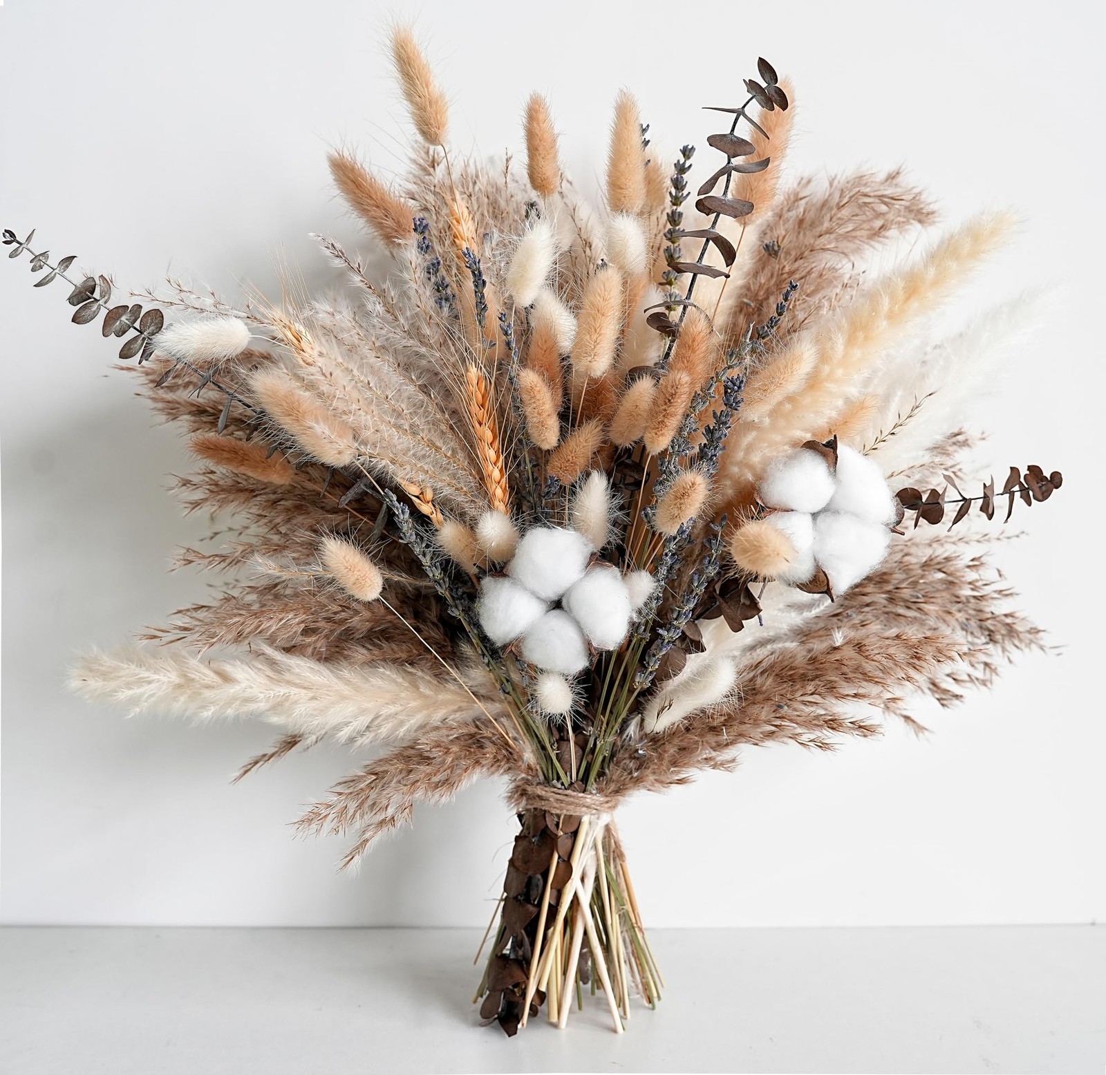 Natural Dried Flower Bouquet – Pampas Grass, Cotton Stems, Bunny Tails, Eucal…