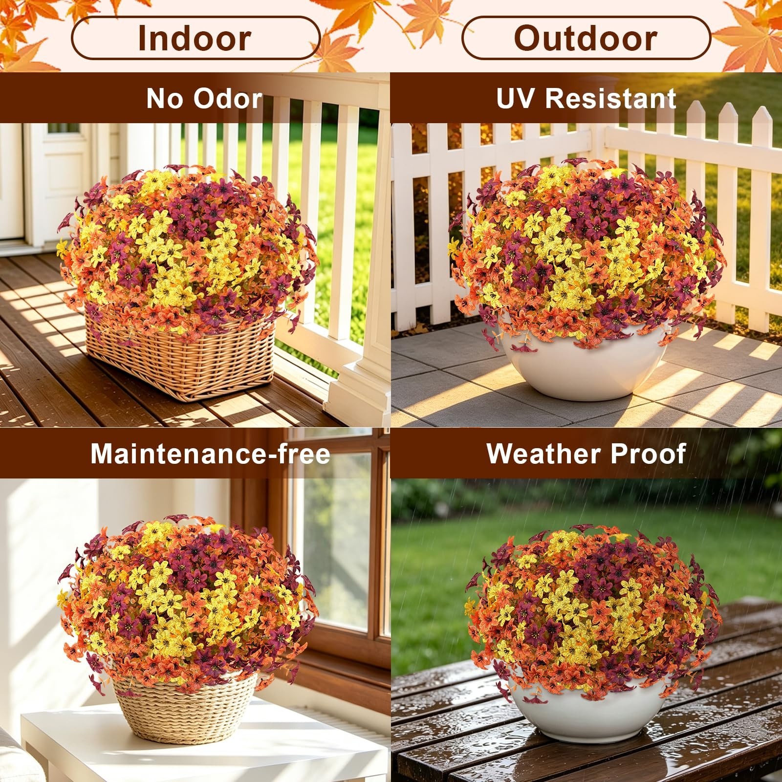 12 Bundles UV Resistant Artificial Mums Flowers – Fall Faux Daisy & Eucalyptus f
