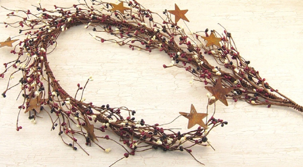 NEW Pip Berry Garland w/ Rusty 2″ Stars Country Mix 40″ Red Cream Blue Berries