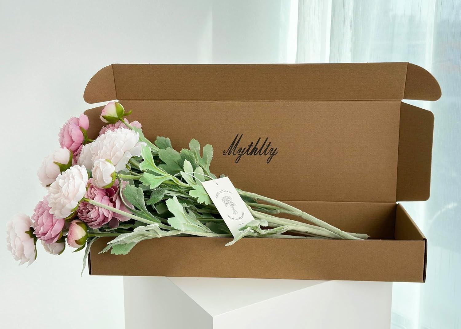 7 Pcs Peony Artificial Flowers with Stems, Faux Ice and Opal Pink Ranunculus Mix