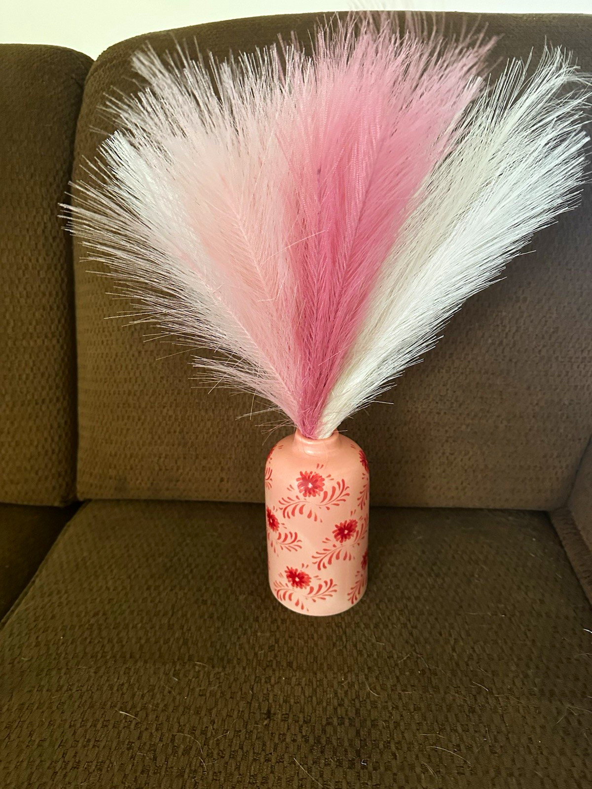 Pink & White Feather Floral Theme with a ceramic red flowered vase