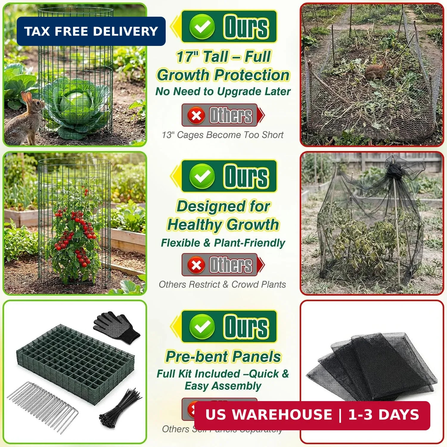12 Pack 17″ x 12″ Tall Round Plant Cage – 36PCS Plant Support Cage Metal Wire Me