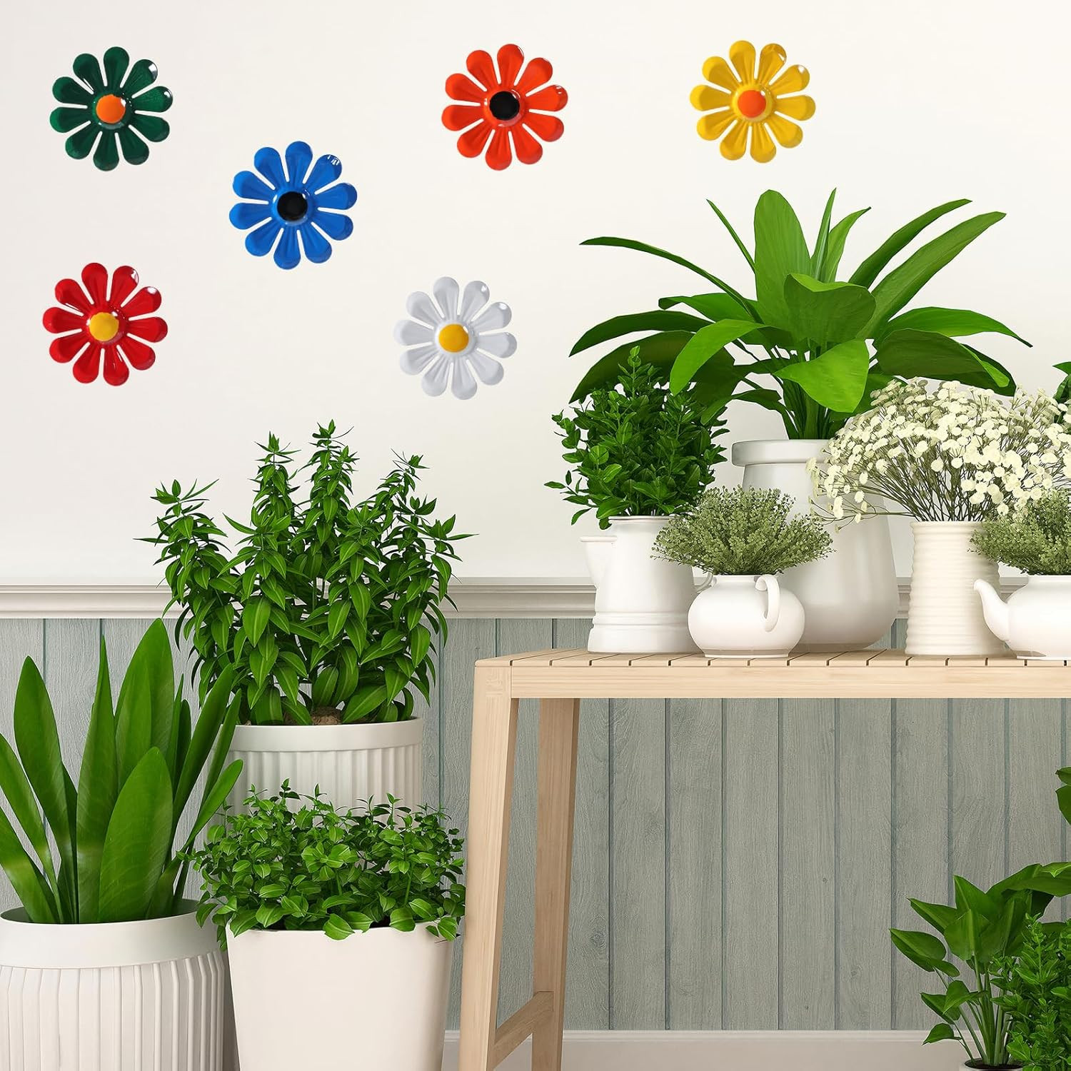 6Pcs Metal Wall Flowers Outdoor 4 X 4 Inches, Red, White, Orange, Blue, Green