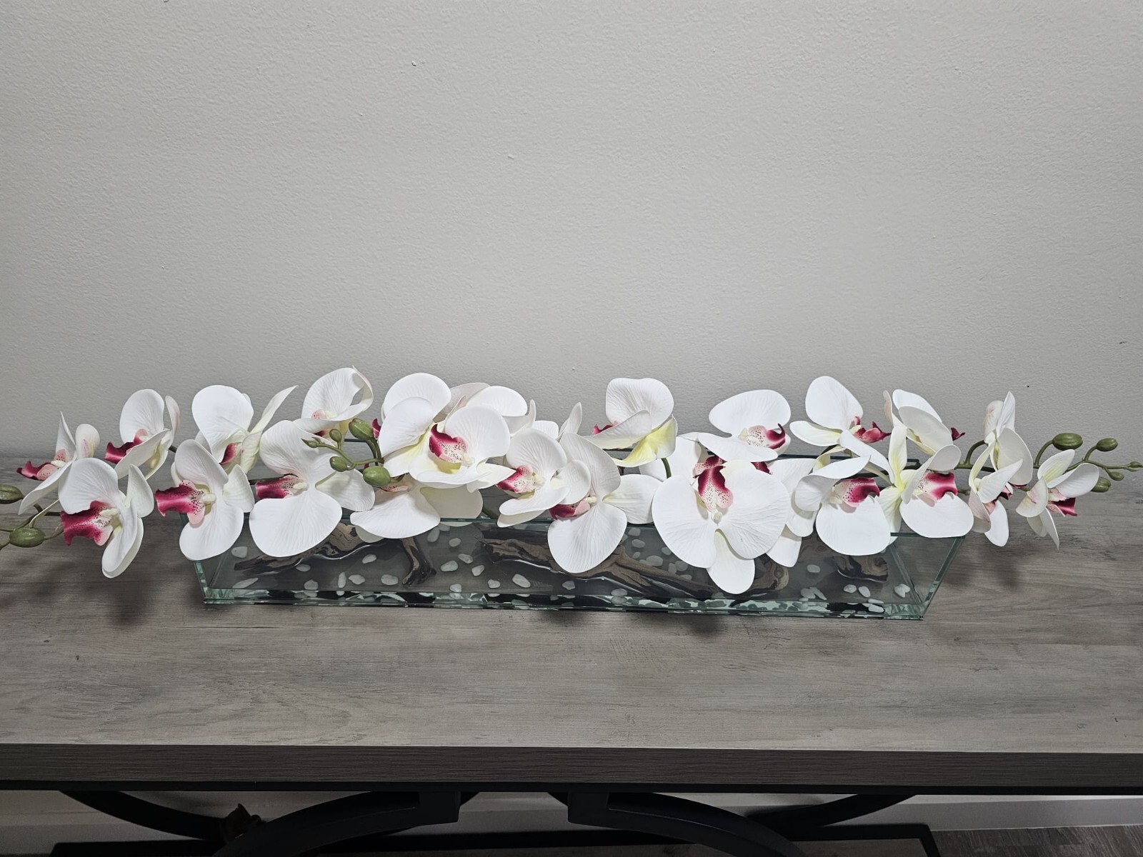 Floral Arrangement, Casa Moderna Glass Plate  W/ Faux White Orchids & Succulents