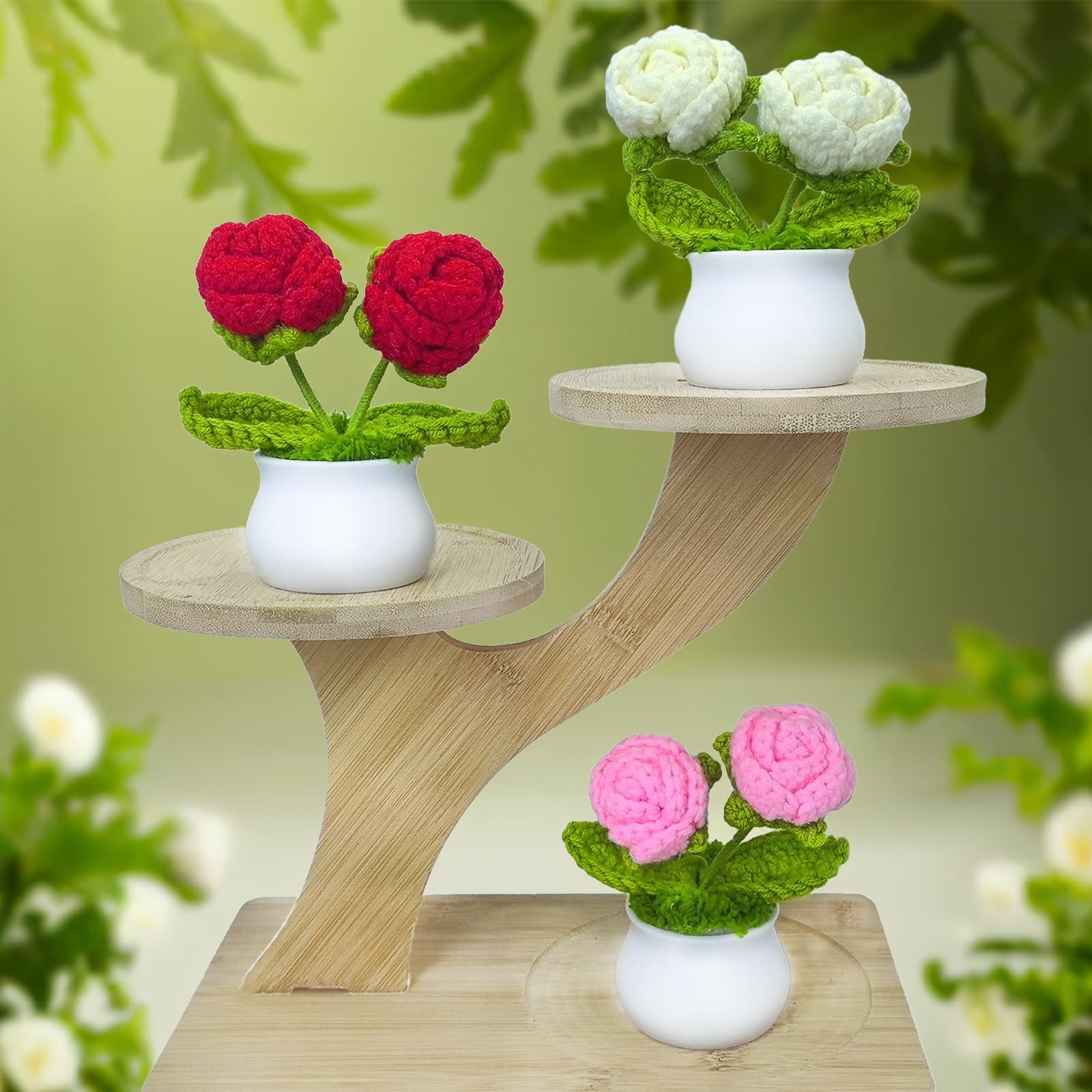 Crochet Flowers Artificial Sunflower 3 PCS Small Potted Plants 2 Heads Roses
