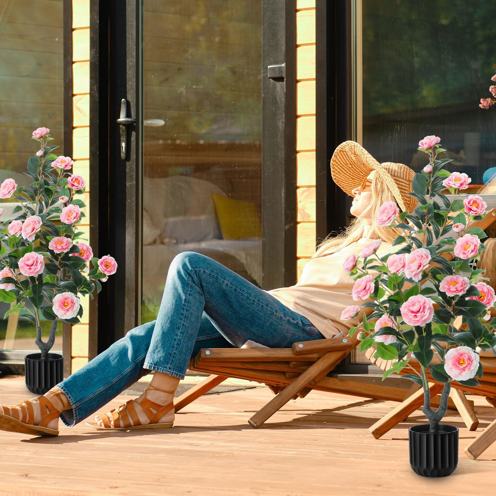 2 Pack 3.2 Ft Artificial Camellia Outdoor Trees Fake Faux Floral Flower Bloom…
