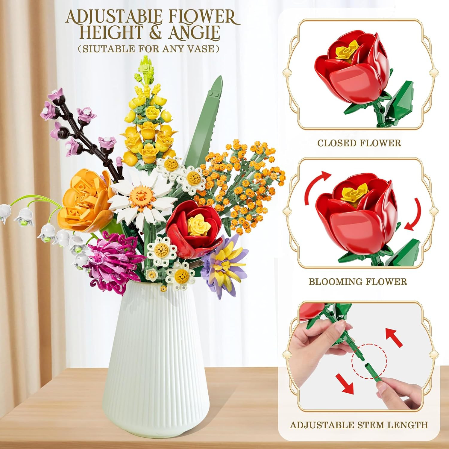 Flowers Bouquet Building Set, 1070PCS Artificial Plant Flower Kit Toy for Adu…