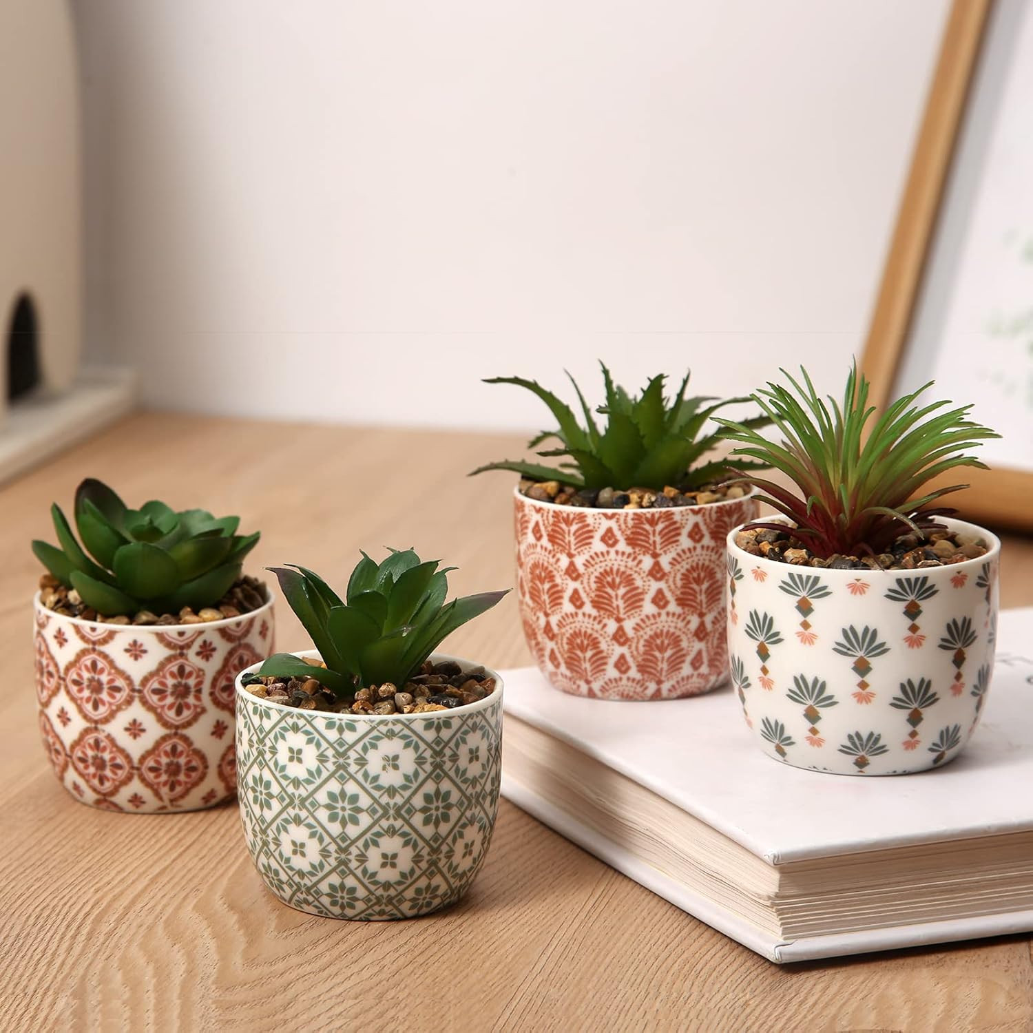 Artificial Plants Succulent Flowers in Ceramic Planter 2 Pack Small Fake Plants