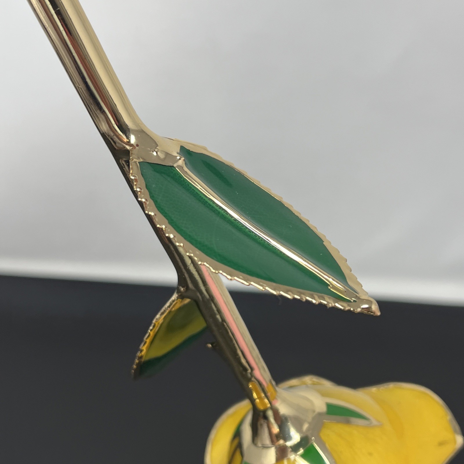 Handcrafted Preserved Yellow Rose Gloss Laquered With 24K Gold Plated Trimmed