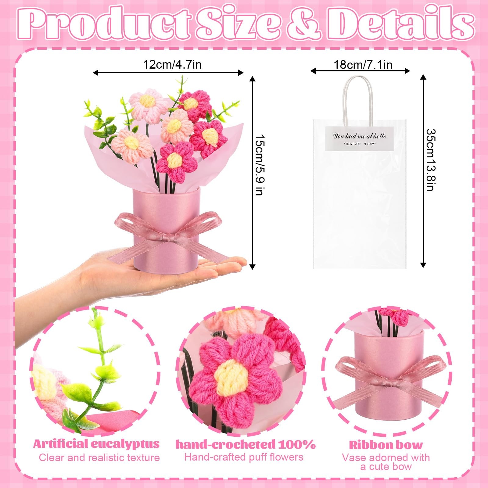 6 Sets Pink Mini Crochet Puff Flowers Potted Plants 4.7×5.9 Inch Gift Decor