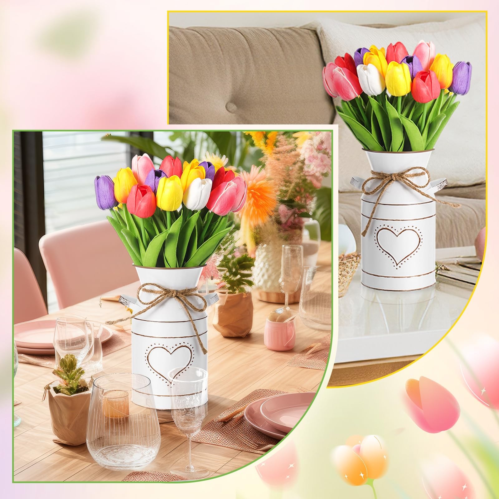 19 PCS Spring Easter Centerpieces 18 Artificial Tulip Bouquet 1 Metal Pot Vase