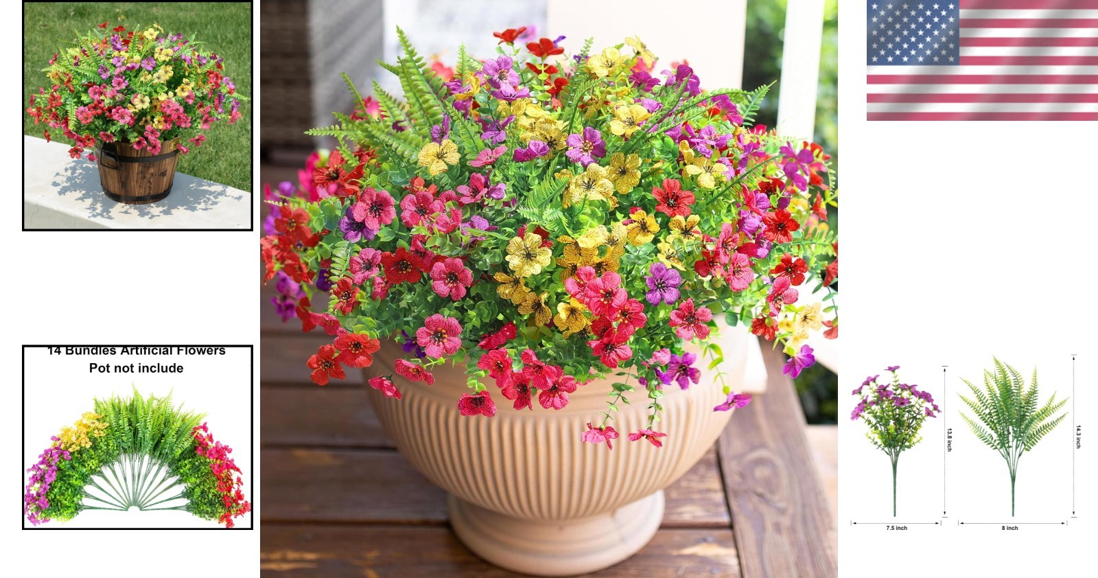 Realistic Mixed Flower & Fern Outdoor Plants – 14 Bundles for Porch & Garden