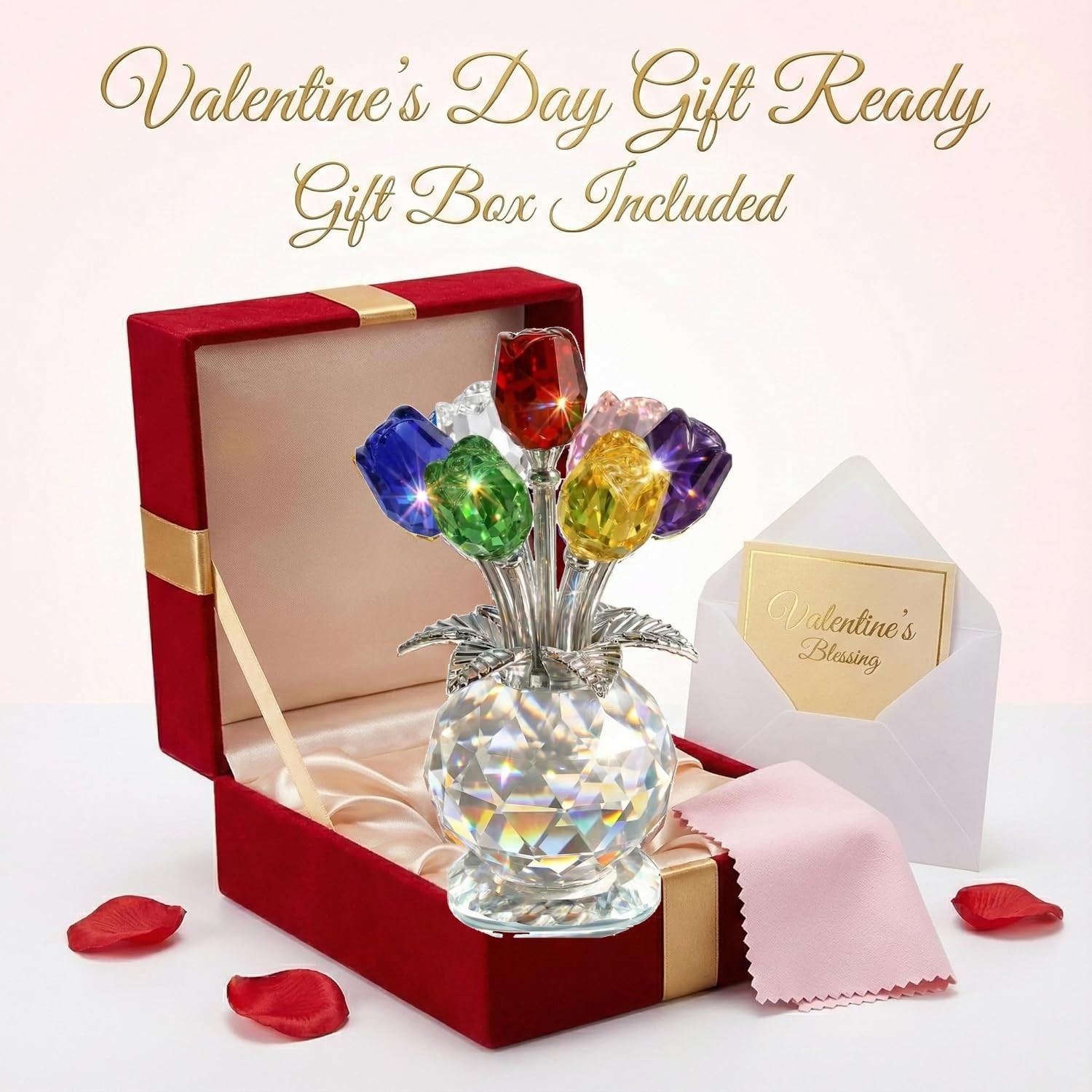 4.7 Inch Crystal Rose Bouquet – 7 Colorful K9 Glass Roses for Home Decor