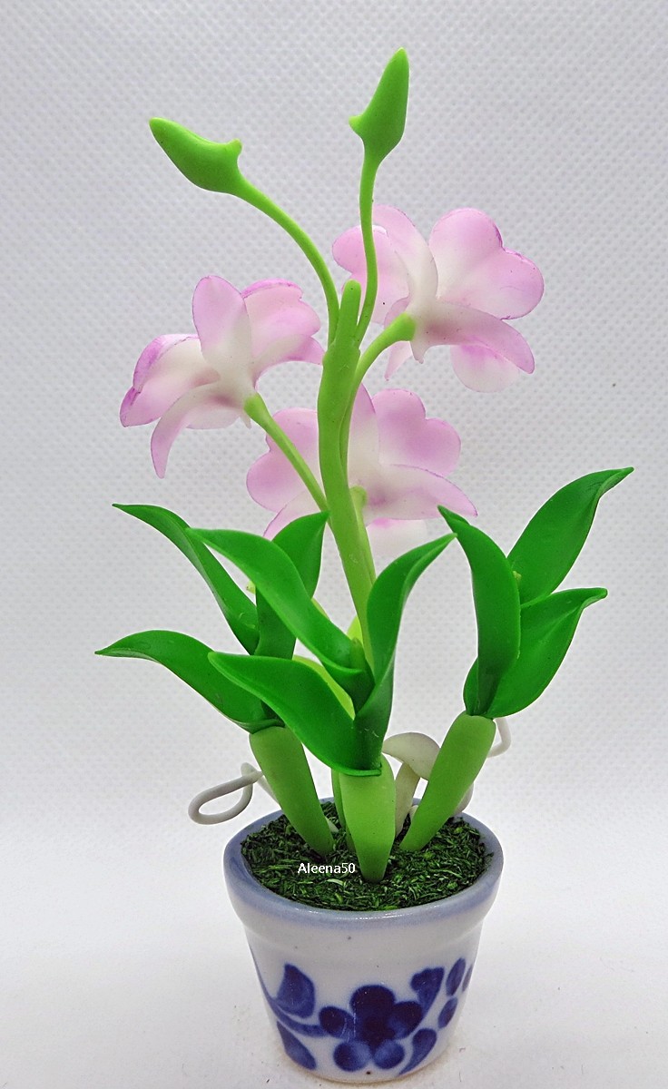 US Stock 4″H Handmade Air-Dry-Clay Miniature Dendrobium Orchid Arranged in Pot