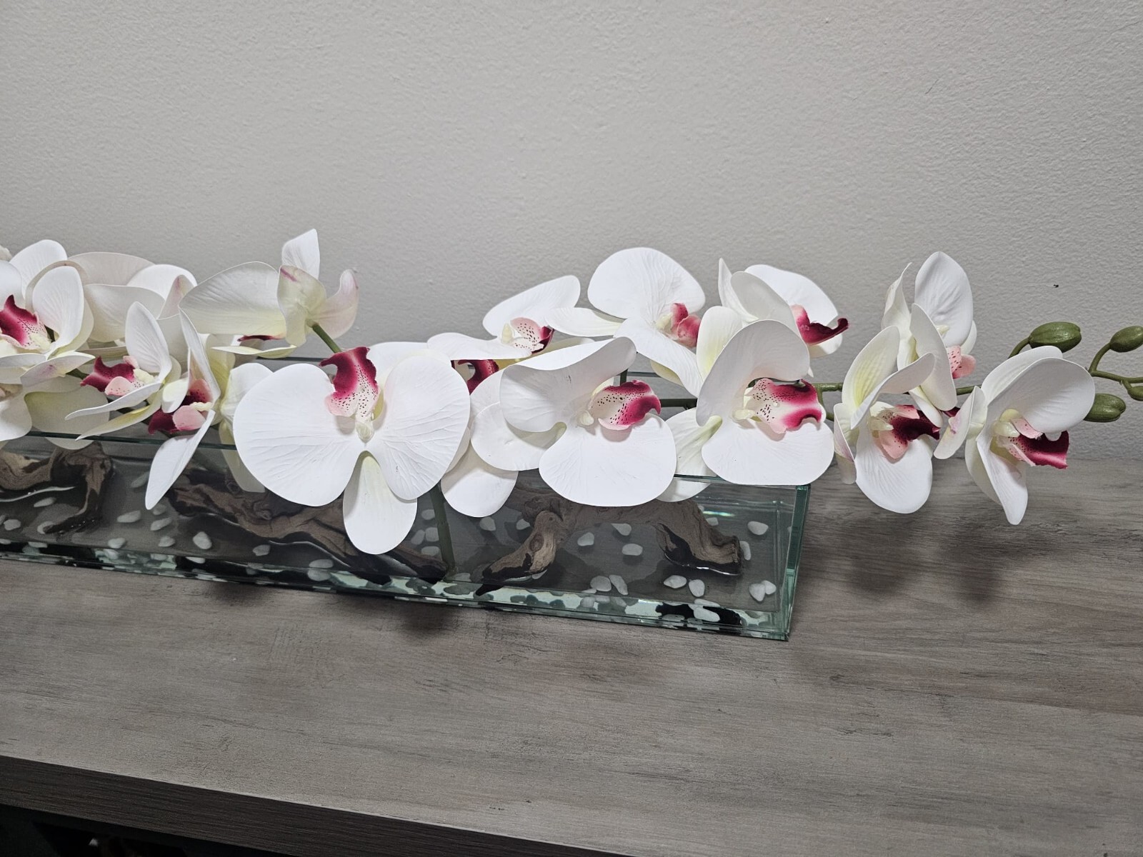 Floral Arrangement, Casa Moderna Glass Plate  W/ Faux White Orchids & Succulents