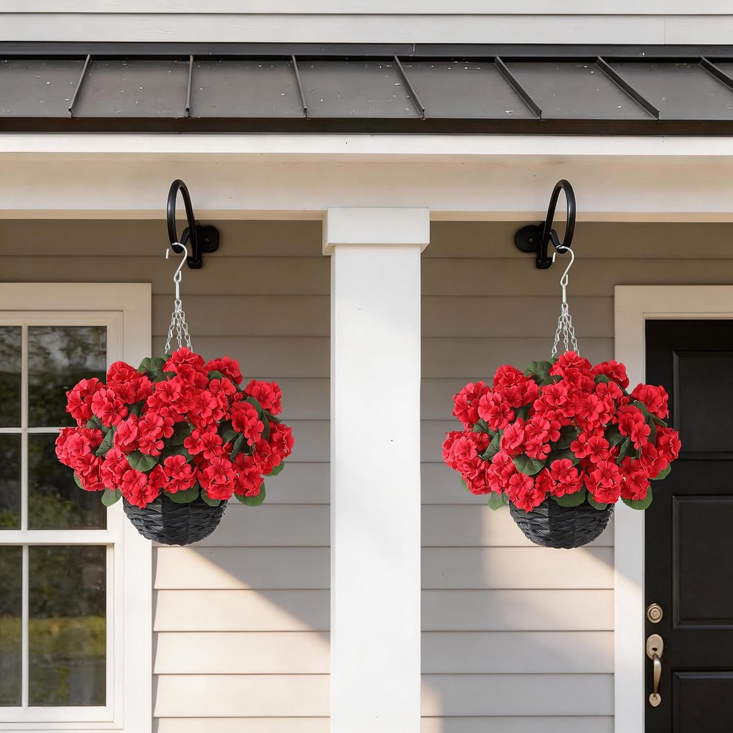 2 Set Artificial Geraniums Flowers with Hanging Baskets for Outdoors – Sun Resis