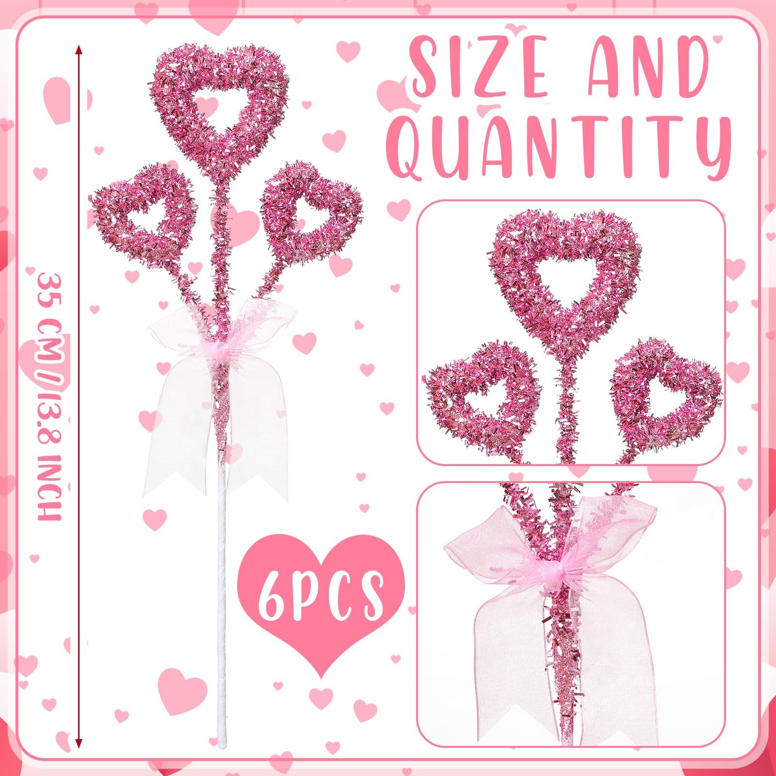 6 PCS 14 Inch Pink Valentine Tree Topper Glitter Tinsel Heart Picks Decor